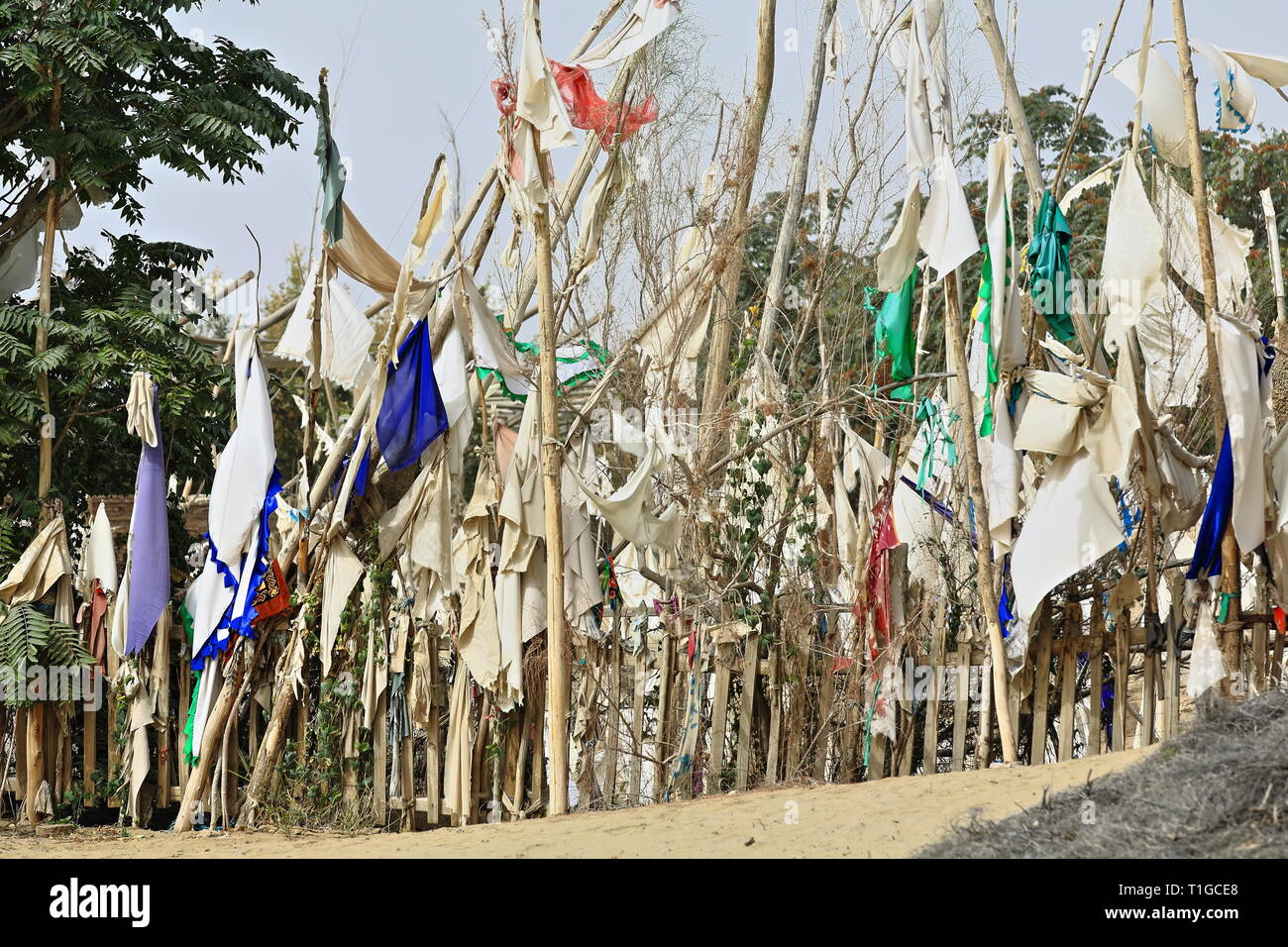 Votive flags-burial mound-Imam Asim's mazar or mausoleum area-Taklamakan Desert. Hotan-Xingjiang-China-0066 Stock Photo