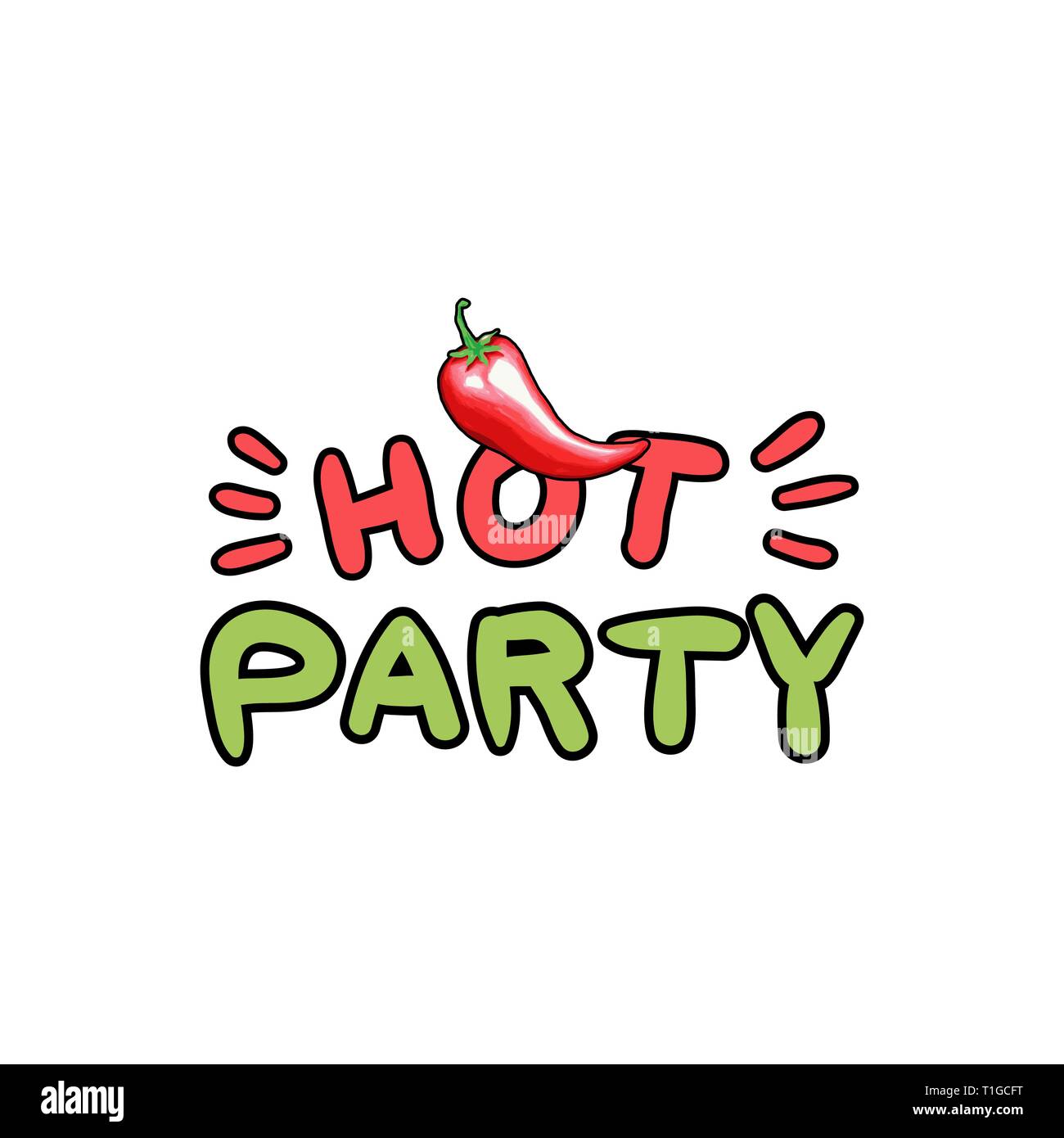Hot party hand drawn stylized lettering. Chili pepper cartoon isolated clipart. Red chilli contour drawing. Spicy vegetable design element. Mexican festive invitation, poster flat color illustration Stock Vector