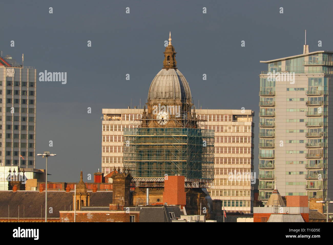 Leeds Town Hall undergoing a renovation project of the buildings roof, which began in December 2018 & is expected to be completed in November 2020 Stock Photo