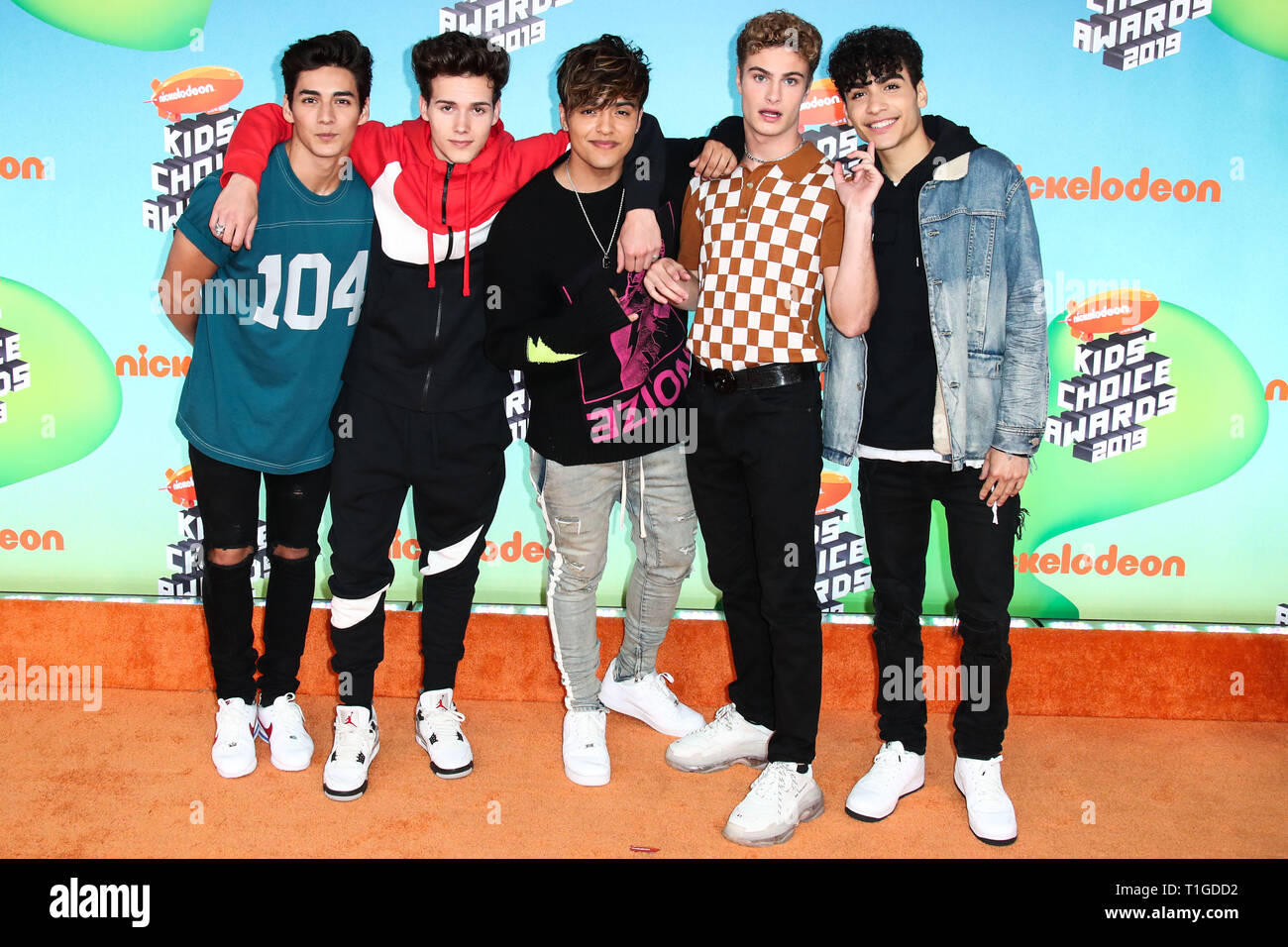 LOS ANGELES, CA, USA - MARCH 23: Chance Perez, Michael Conor, Sergio Calderon, Brady Tutton and Drew Ramos of In Real Life arrive at Nickelodeon's 2019 Kids' Choice Awards held at the USC Galen Center on March 23, 2019 in Los Angeles, California, United States. (Photo by Xavier Collin/Image Press Agency) Stock Photo