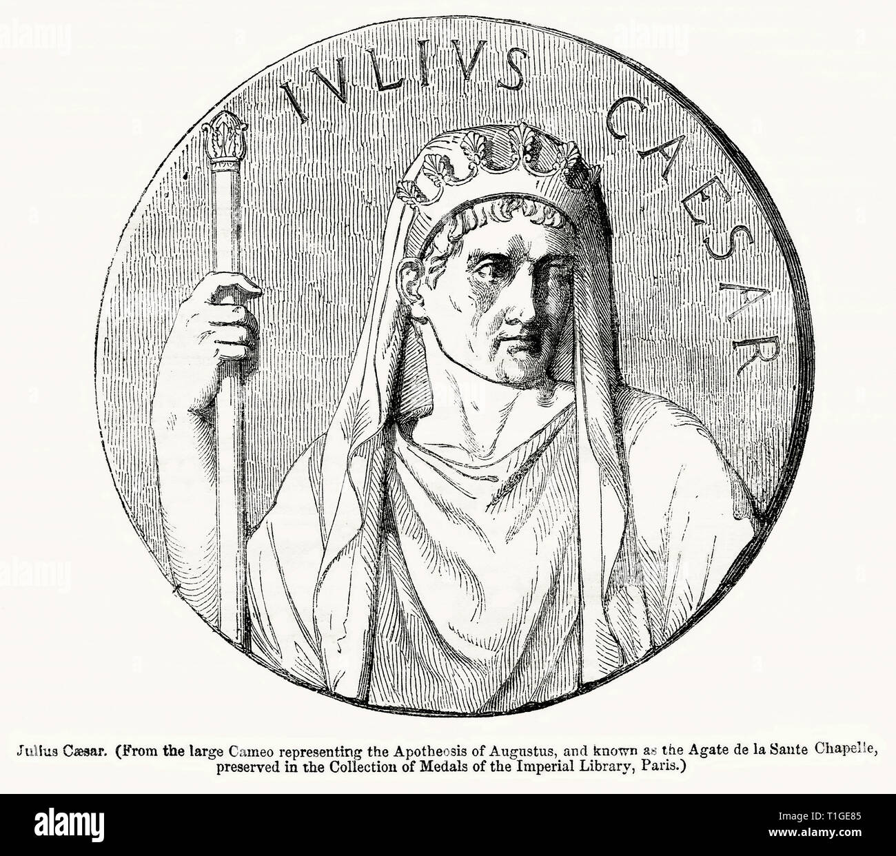 Julius Caesar (From the large Cameo representing the Apotheosis of Agustus, and known as the Agate de la Sante Chapelie, preserved in the Collection of Medals of the Imperial Library, Paris), Illustration from John Cassell's Illustrated History of England, Vol. I from the earliest period to the reign of Edward the Fourth, Cassell, Petter and Galpin, 1857 Stock Photo
