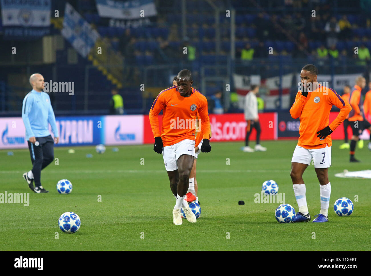 KHARKIV, UKRAINE - OCTOBER 23, 2018: Benjamin Mendy and Raheem Sterling of Manchester City in action during training session before the UEFA Champions Stock Photo