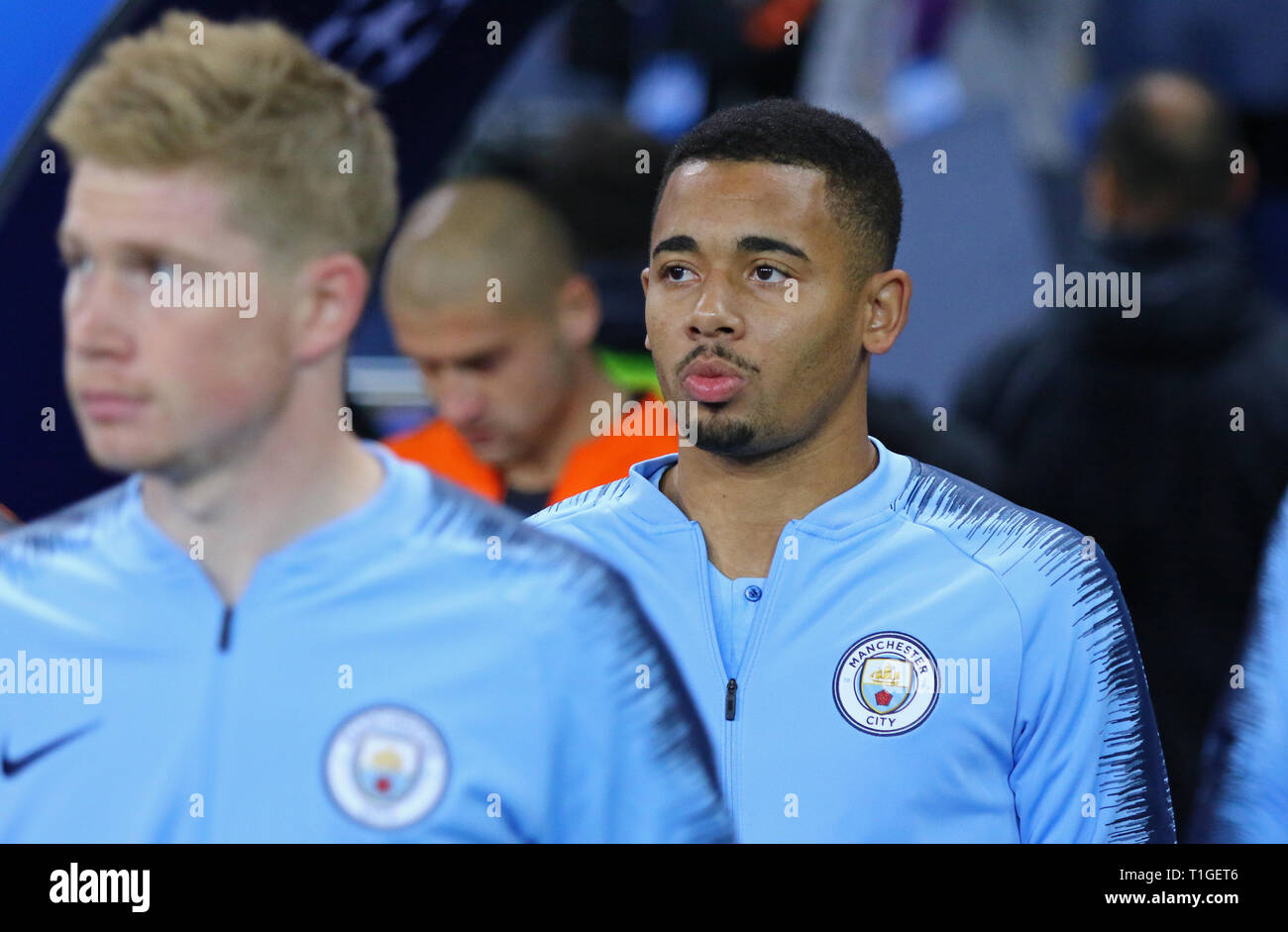 KHARKIV, UKRAINE - OCTOBER 23, 2018: Gabriel Jesus of Manchester City goes to the pitch before the UEFA Champions League game against Shakhtar Donetsk Stock Photo