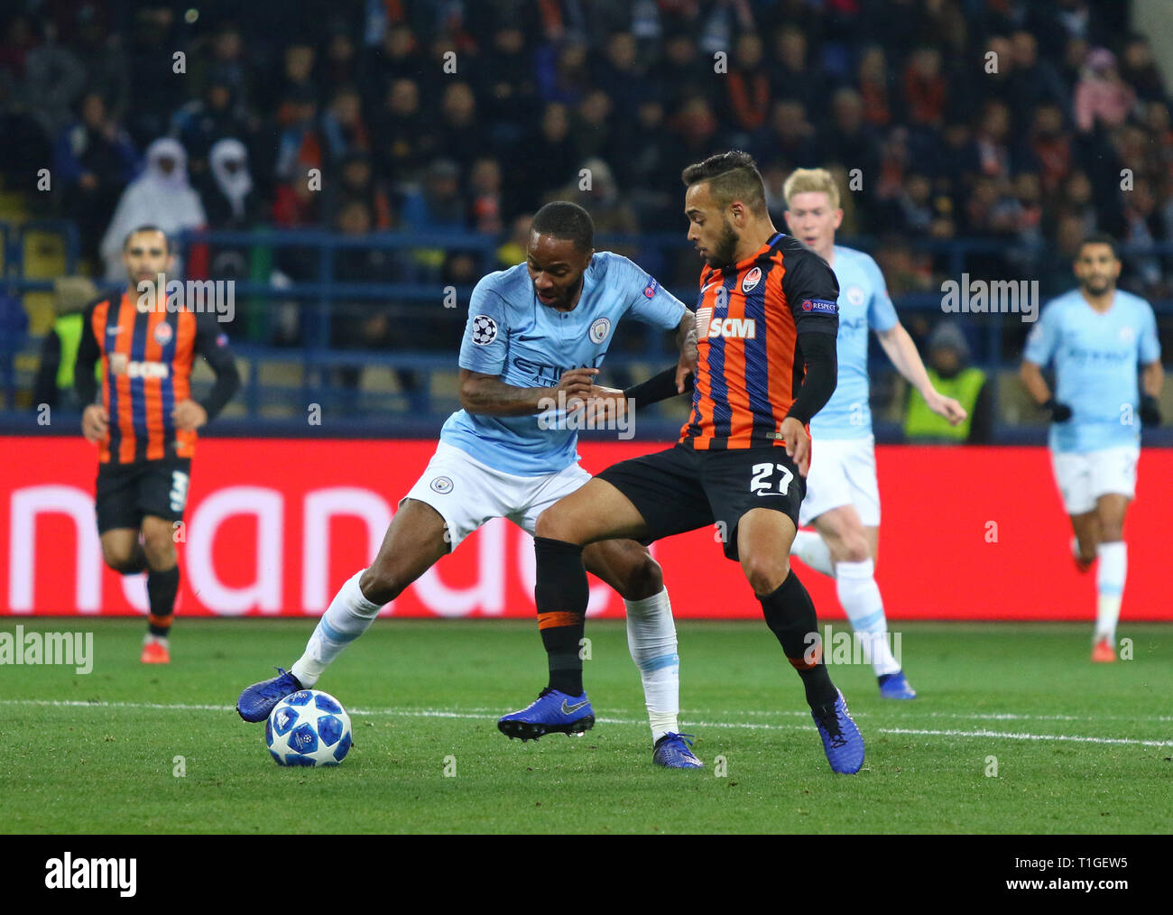 KHARKIV, UKRAINE - OCTOBER 23, 2018: Raheem Sterling of Manchester City (L) fights for a ball with Maycon of Shakhtar Donetsk during their UEFA Champi Stock Photo