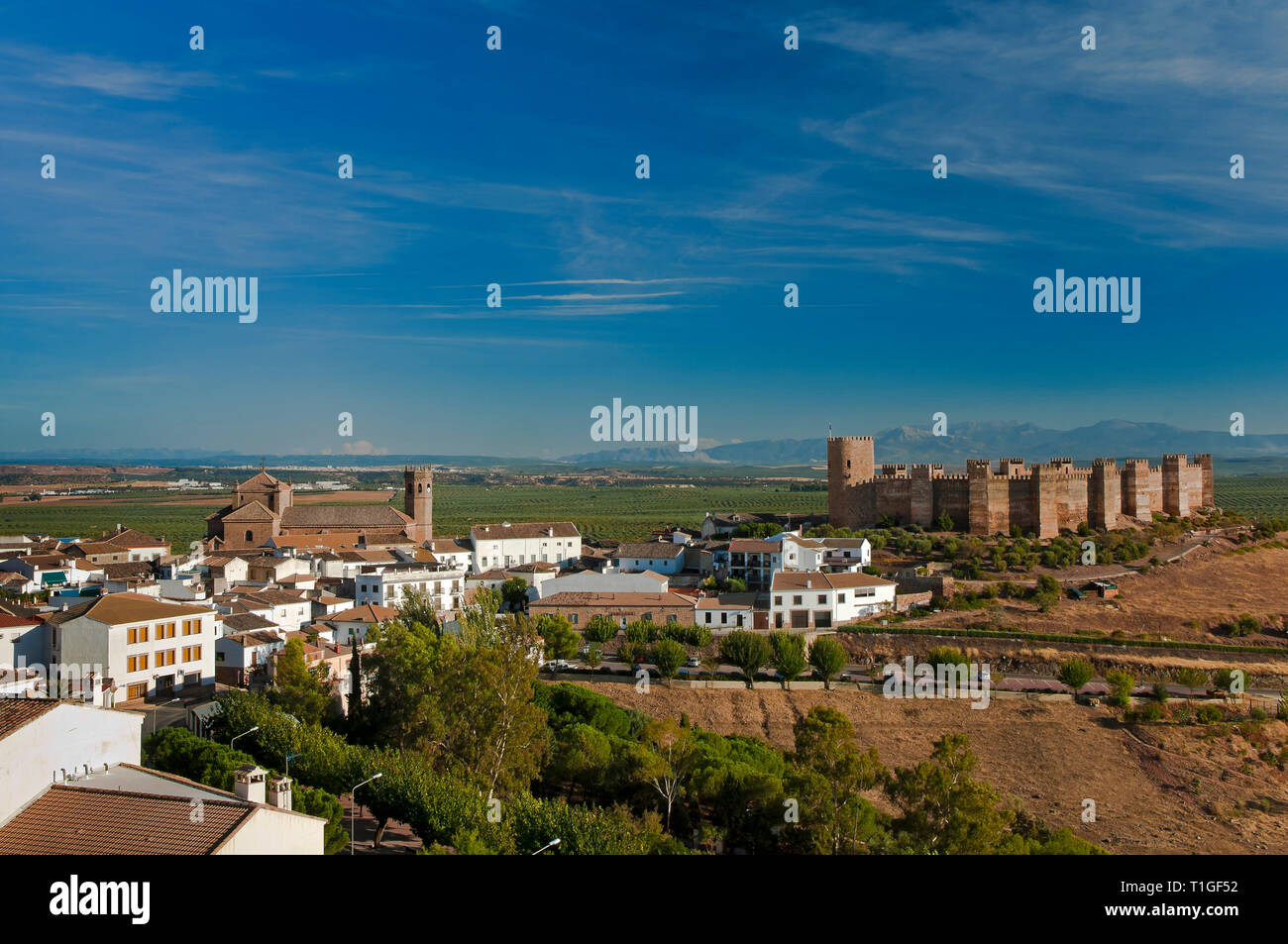 Panoramic view with Castle of Burgalimar (10th century). Baños de la Encina. Jaen province. Region of Andalusia. Spain. Europe Stock Photo