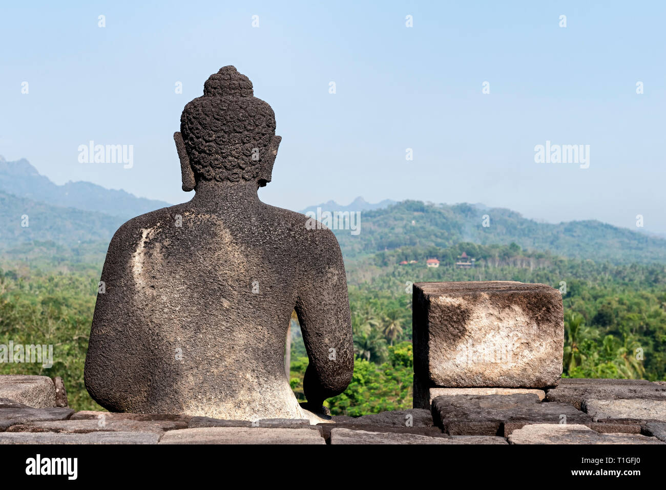 Buddha statue facing the mountains in Borobudur, the largest Buddhist