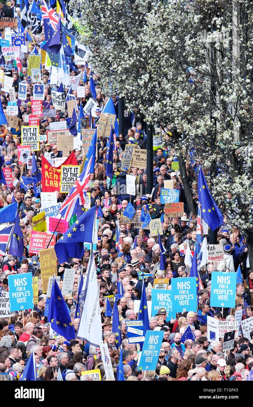 Looking down at a crowd of anti-Brexit protesters passing through Park Lane at the People's Vote March Saturday 23rd March 2019 Stock Photo