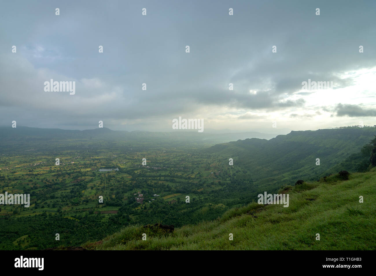 Lush Green Valley view seen from Kaas Plateau,Satara,Maharashtra,India Stock Photo
