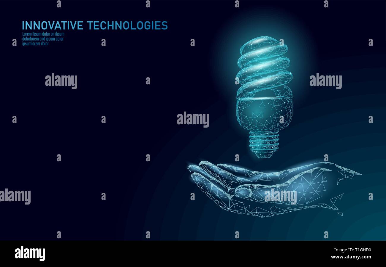 Fluorescent compact lamp saving energy light bulb concept. Polygonal night space star dark blue sky lamp ecology environment electricity green energy Stock Vector
