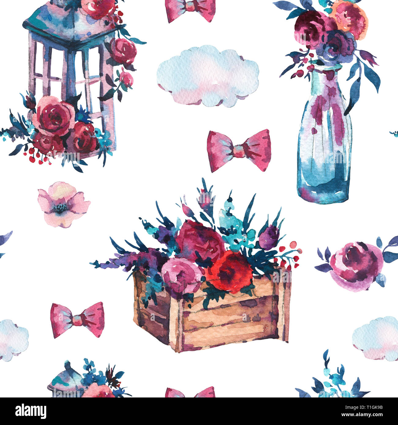 Watercolor seamless pattern of bottle with red rose, shabby lantern, flowers wooden box on white background. Boho chic style illustration Stock Photo