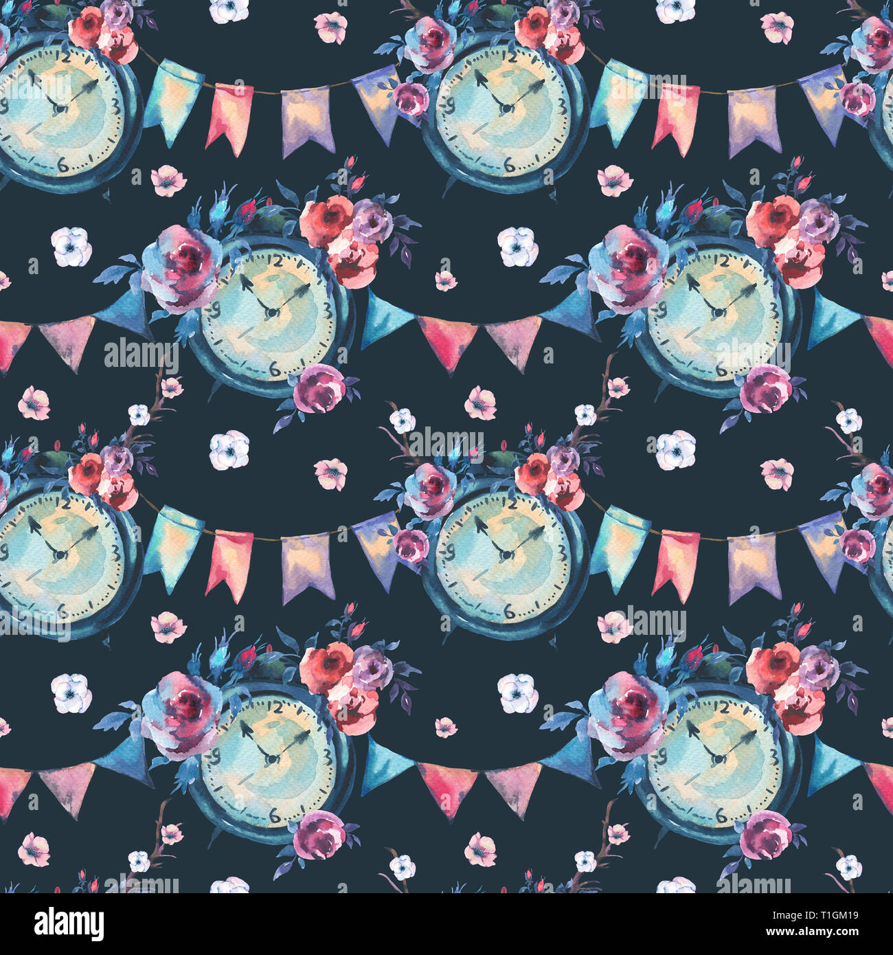 Watercolor Vintage Seamless Pattern With Alarm Clock Flowers