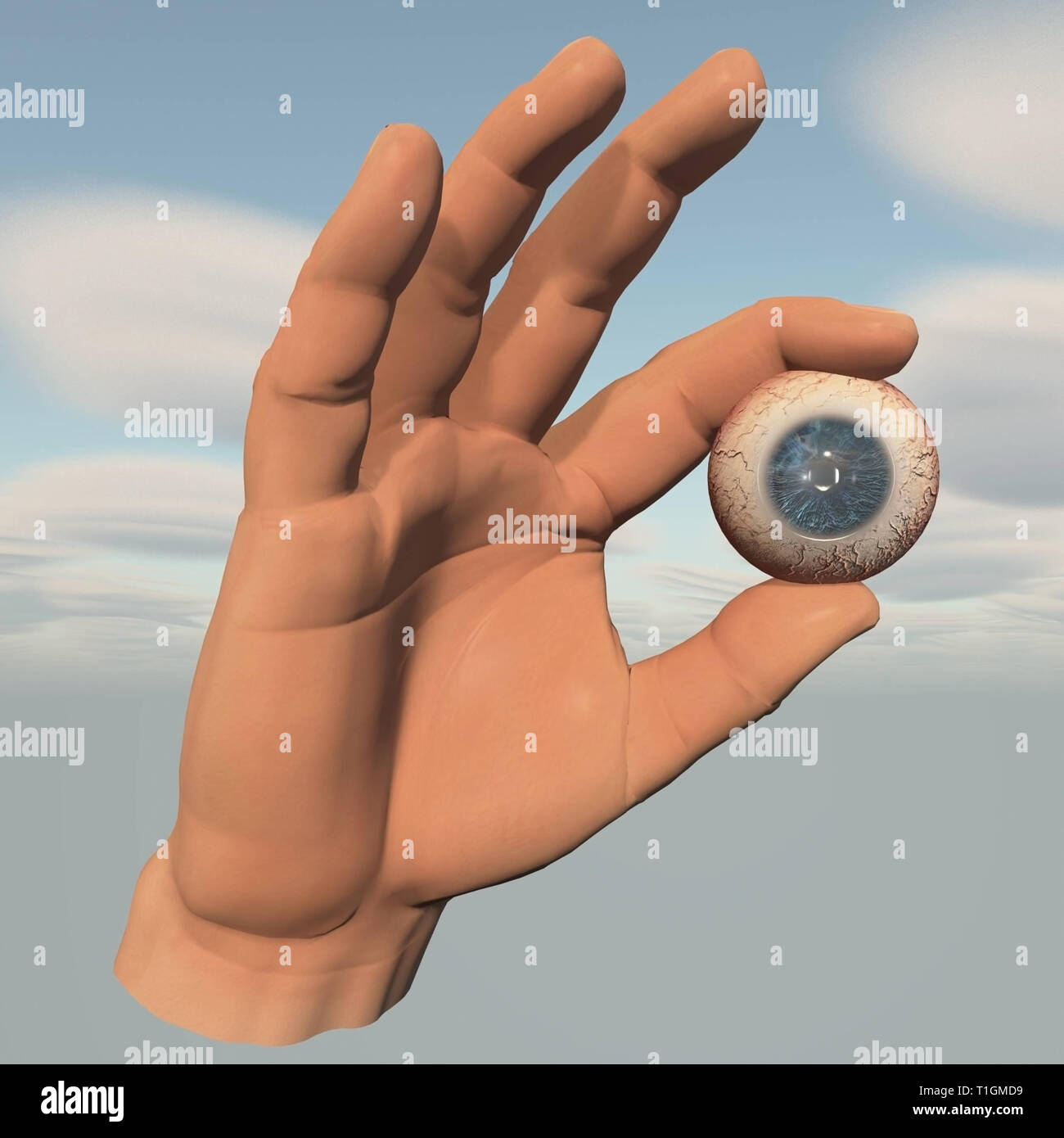 Eye in hand pinch. 3D rendering Stock Photo