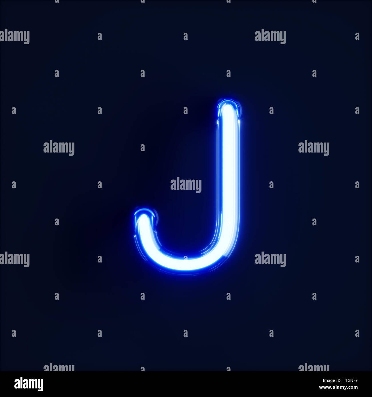 Neon light alphabet character J font. Neon tube letters glow effect on dark blue background. 3d rendering Stock Photo