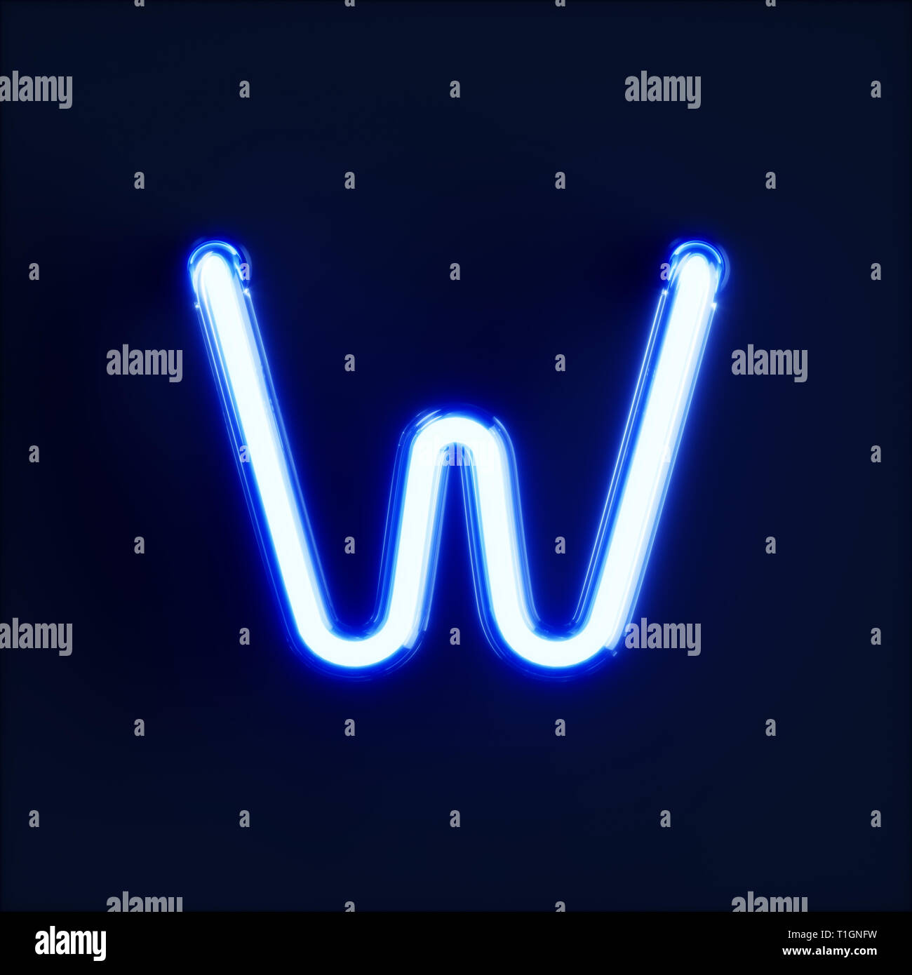 Neon light alphabet character W font. Neon tube letters glow effect on dark blue background. 3d rendering Stock Photo