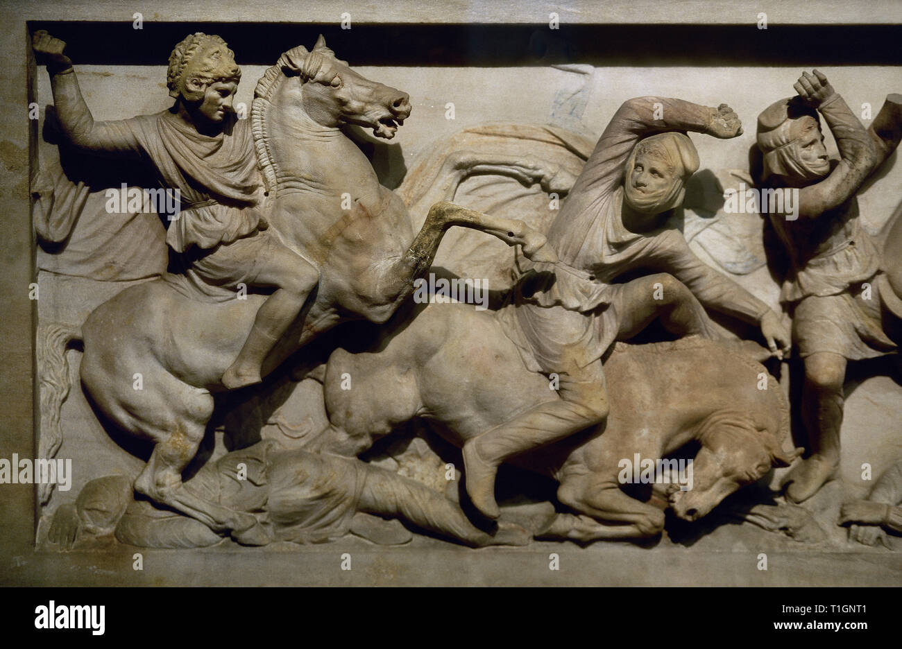 Sarcophagus of Alexander the Great (late 4th century BC). It was found in the royal necropolis of Sidon (Sayda). Pentelic marble. High relief of one of the lateral sides. Detail depicting a battle between Greeks and Persians (with long pants, anaxyrides). On the left, Alexander the Great, with the skin of the head of Lion of Nemesis, chasing a Persian soldier. Archaeological Museum. Istanbul, Turkey. Stock Photo