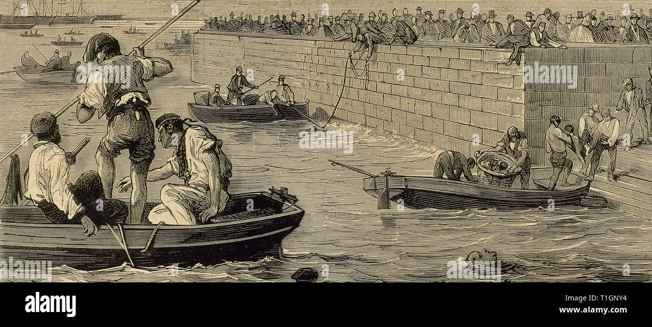 Sailors and civilians rescuing victims of the explosion of the Express steam in the port of Barcelona ,on August 17th, 1875, because of the fire in the ammunition that was loaded with destination to the site of La Seo. Engraving by Rico. La Ilustracion Española y Americana, 1875. Stock Photo