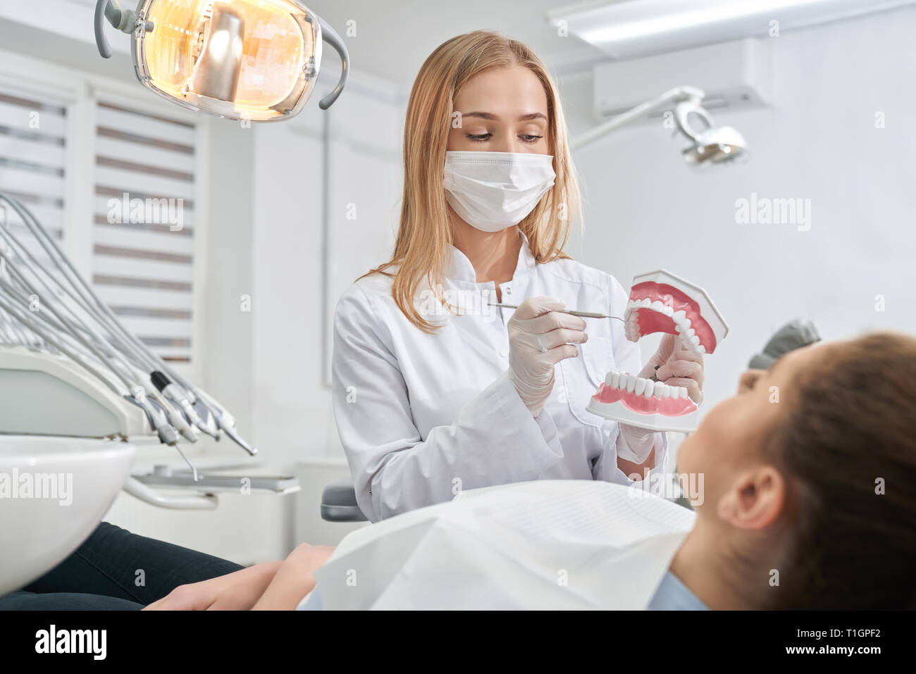 Dentist showing to patient dental teeth model. Client lying in dentist