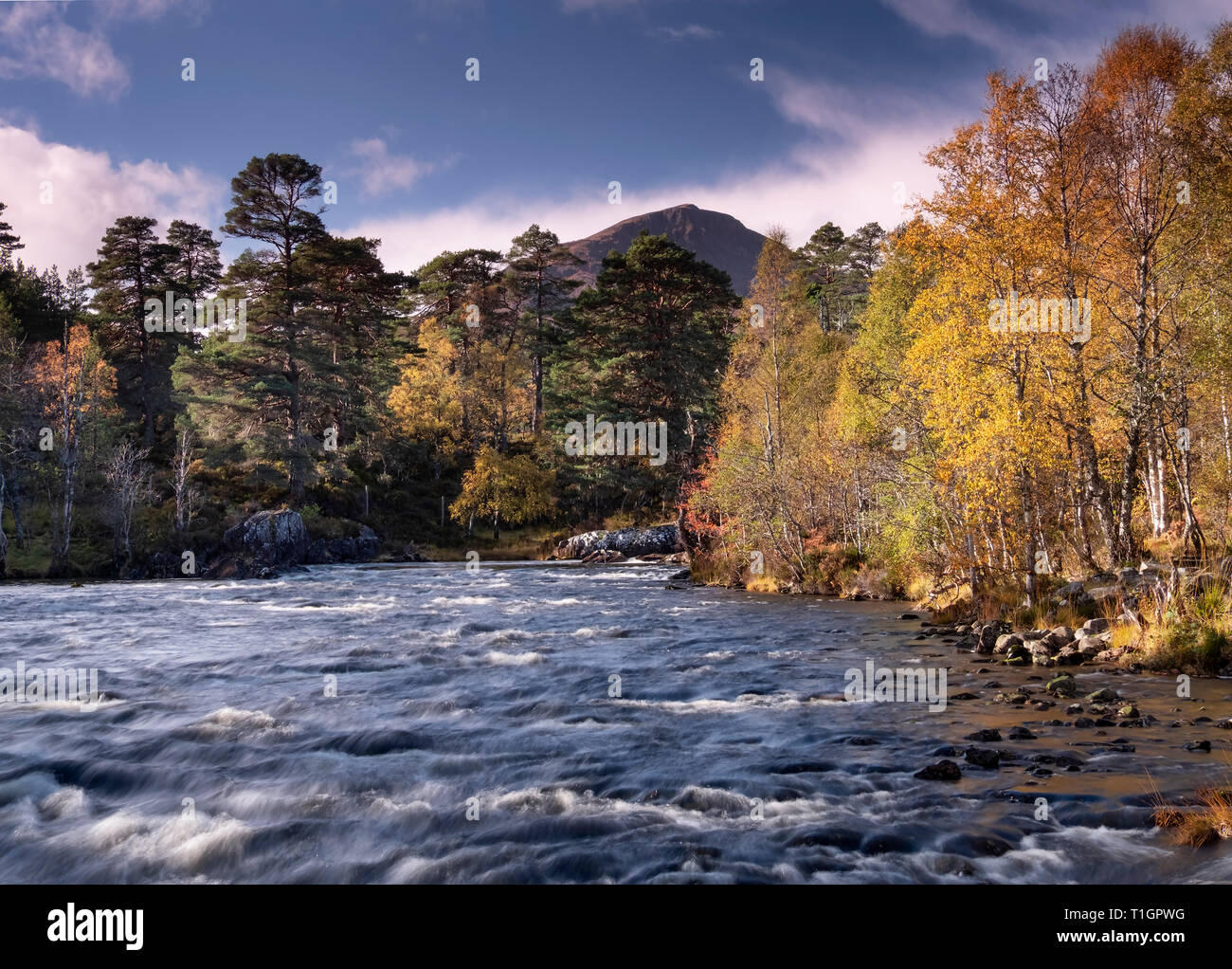 River Affric backed by Sgurr Na Lapaich in autumn, Glen Affric, Highlands, Scotland, UK Stock Photo