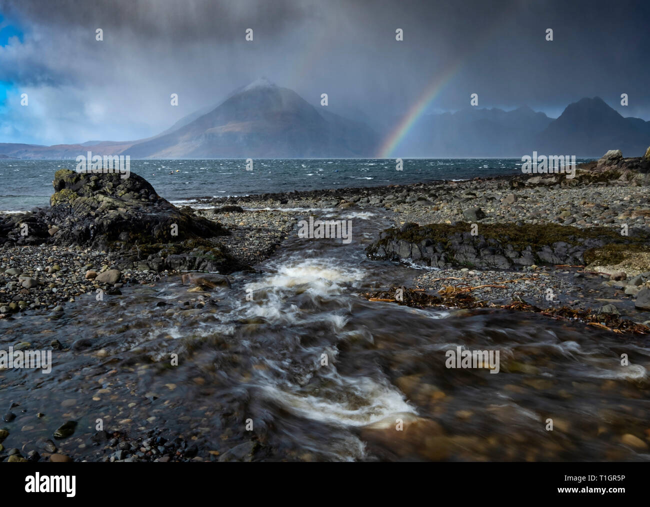 Passing Storm over Loch Scavaig and the Black Cuillins from Elgol, Elgol, Isle of Skye, Inner Hebrides, Scotland, UK Stock Photo