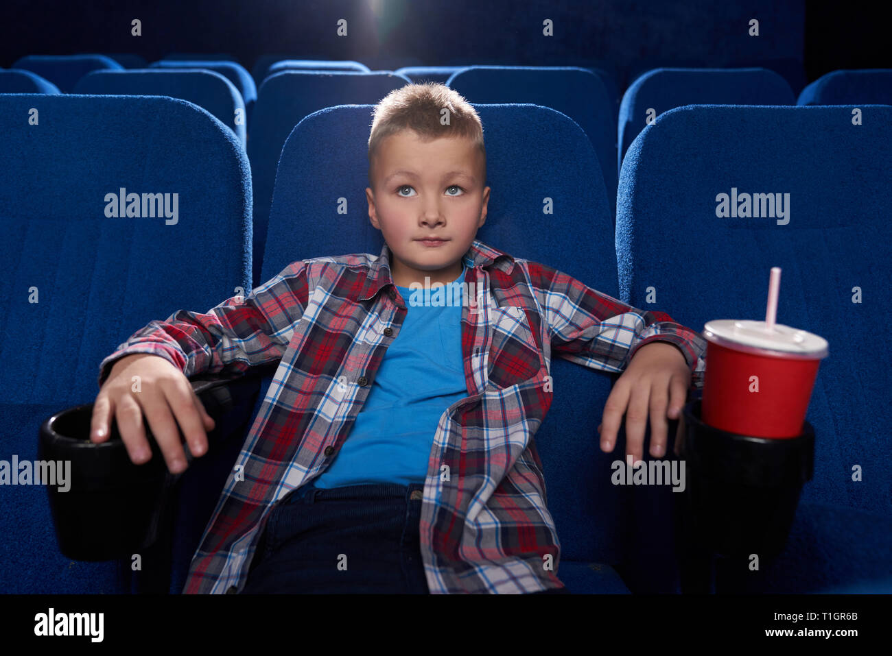 Boy sitting in comfortable chair in cinema theatre, watching movie attentively. Kid enjoying film or cartoon, red paper cup with fizzy drink. Entertainment concept. Stock Photo