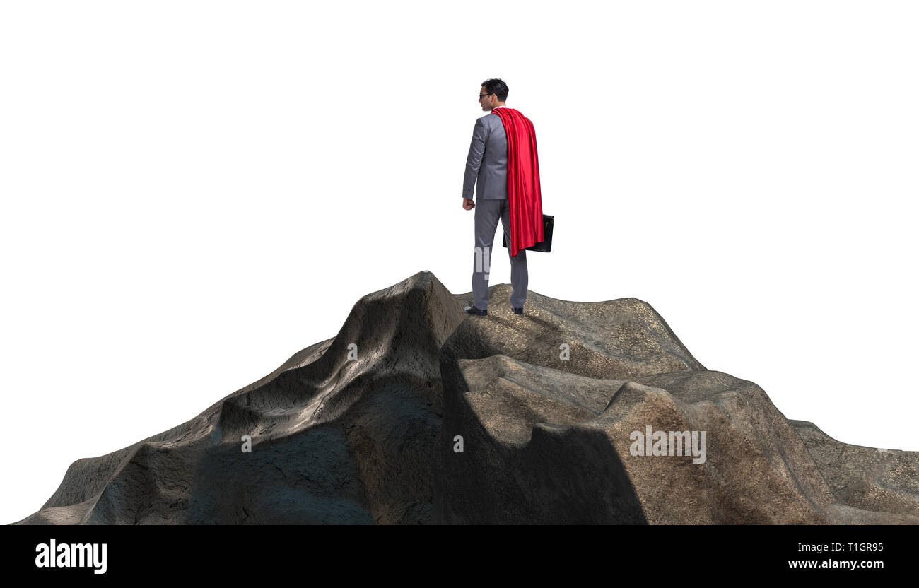 Superhero businessman on top of mountain Stock Photo - Alamy