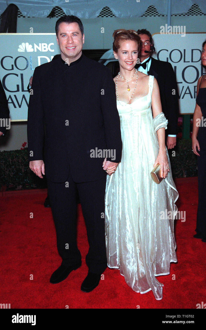 LOS ANGELES, CA - January 24, 1999: Actor JOHN TRAVOLTA & actress wife KELLY PRESTON at the Golden Globe Awards in Beverly Hills. He was nominated for Best Actor in a Movie (Comedy/Musical) for 'Primary Colors'.               © Paul Smith/Featureflash Stock Photo