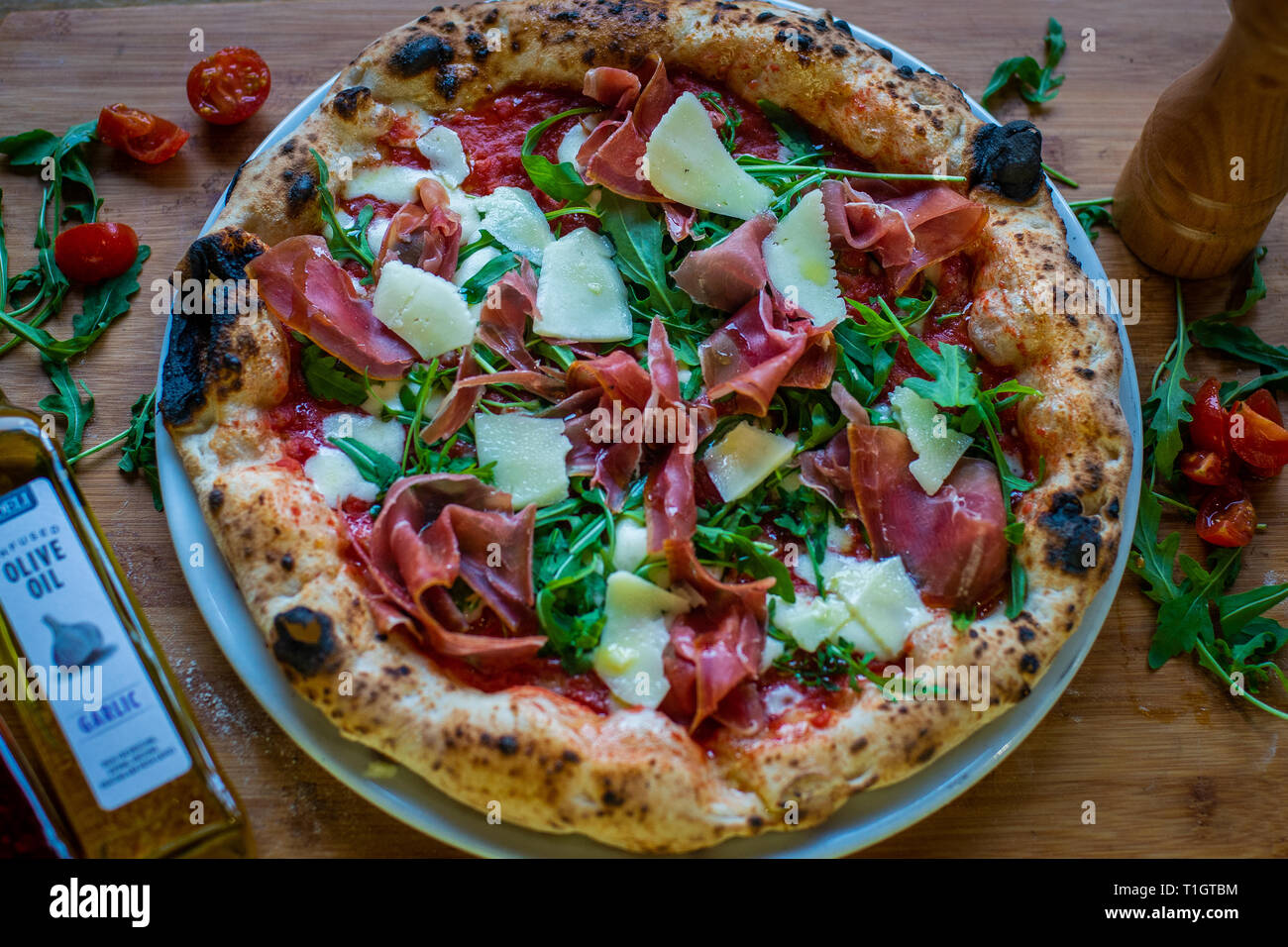 Wood fired pizza. close up of a colourful rustic traditional neapolitan