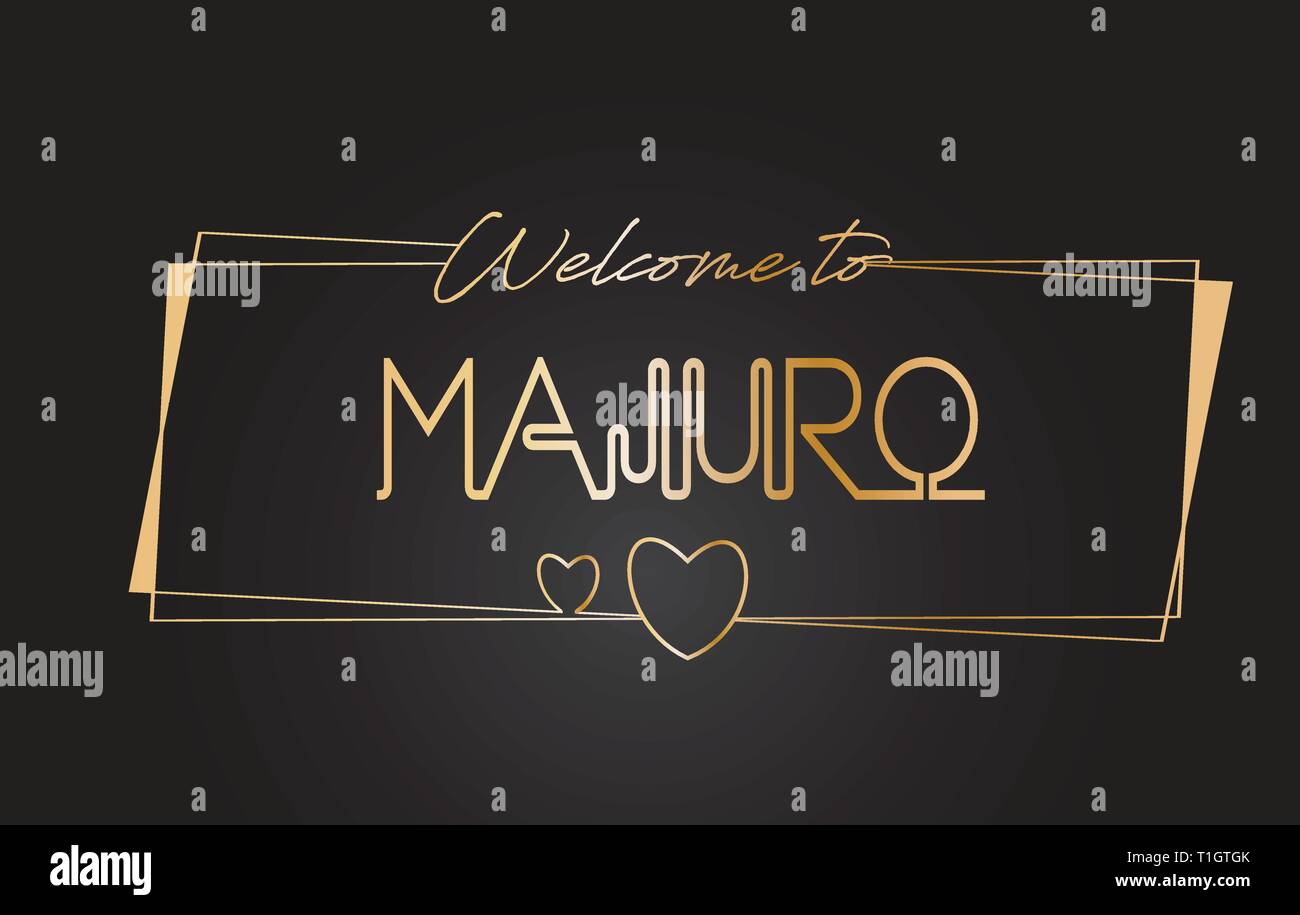 Majuro Welcome to Golden text Neon Lettering Typography with Wired Golden Frames and Hearts Design Vector Illustration. Stock Vector