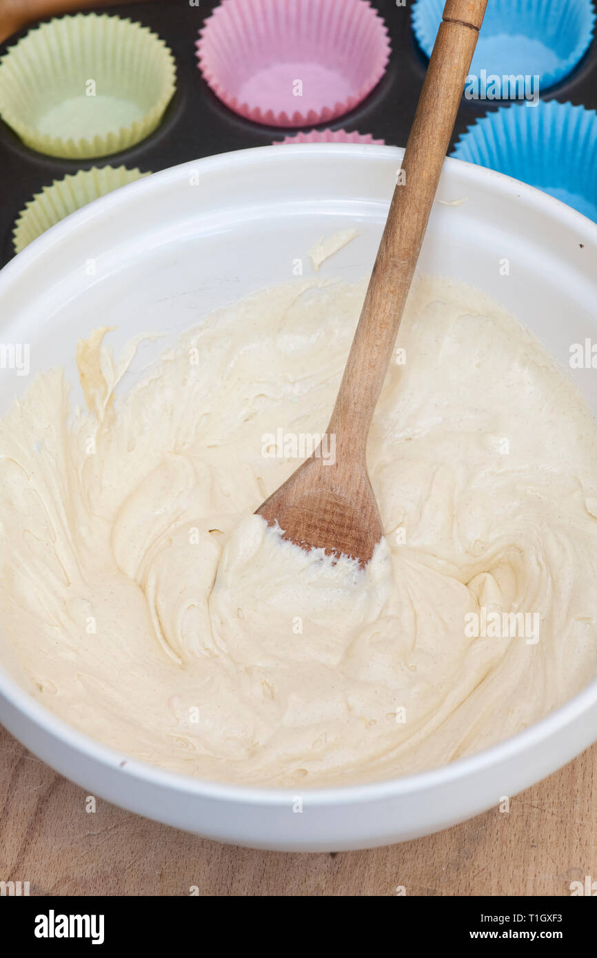 Vanilla cupcake mixture in a mixing bowl. UK Stock Photo