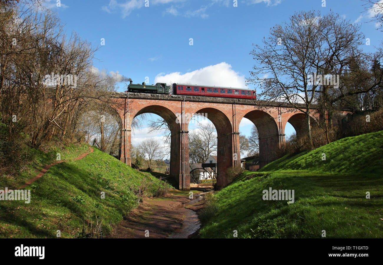 Pannier Tank 6430 heads over Oldbury viaduct with a auto train on the SVR. Stock Photo