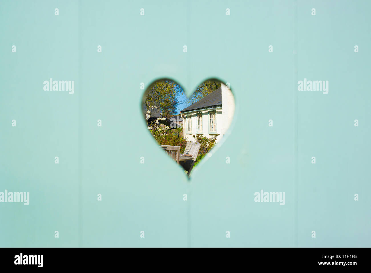 Heart shaped window hole with view of traditional British cottage and garden on a pastel matte vintage pale blue background Stock Photo