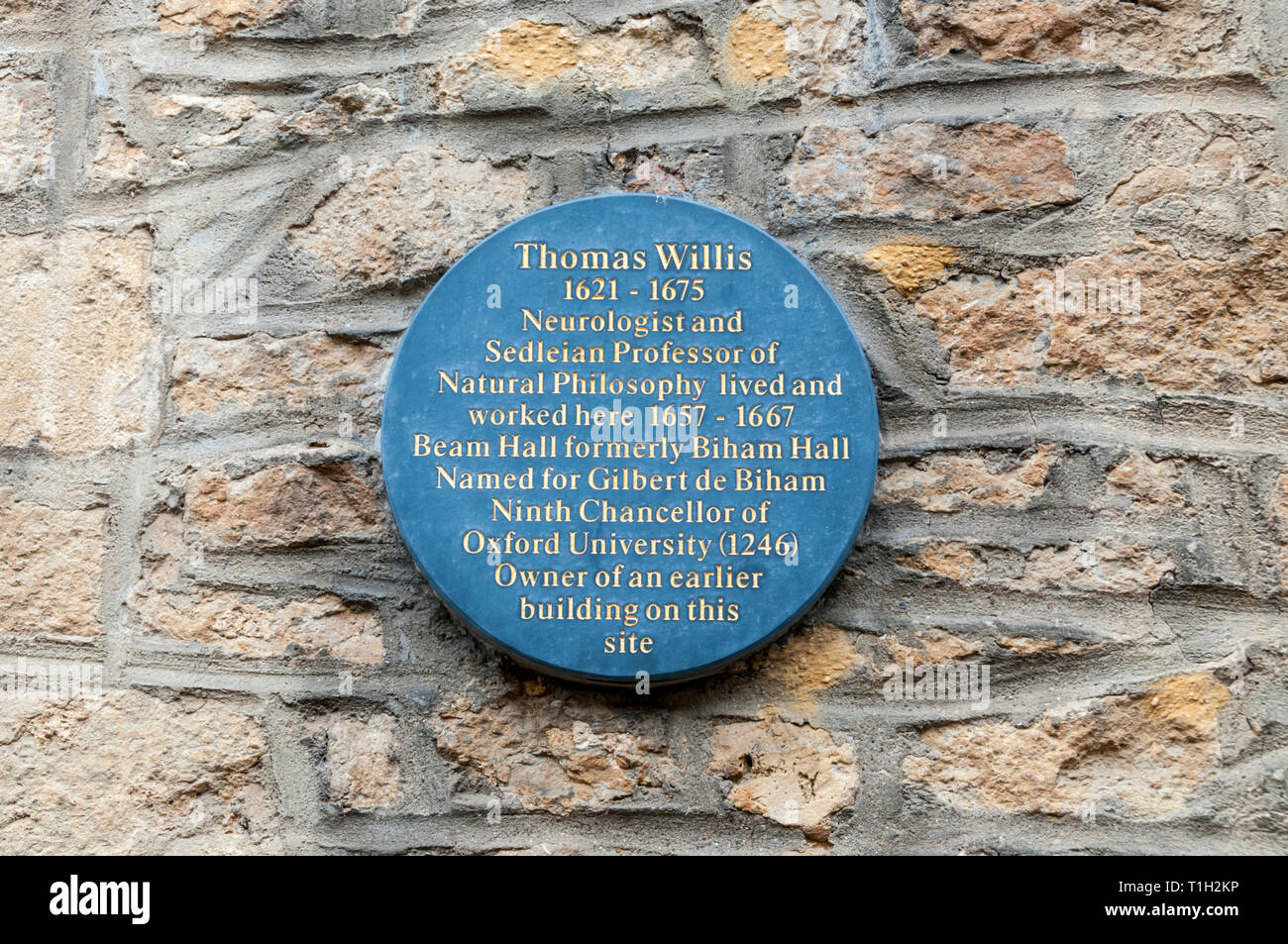 A plaque in Merton Street, Oxford, marks the site where Thomas Willis, the 17th century neurologist, lived and worked. Stock Photo