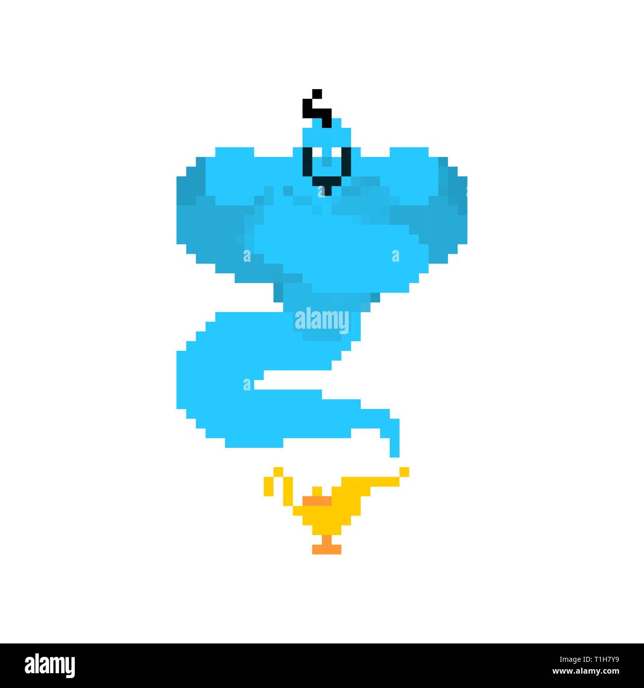 Genie pixel art. Magic gold lamp 8 bit. Eastern tale 8bit Stock Vector