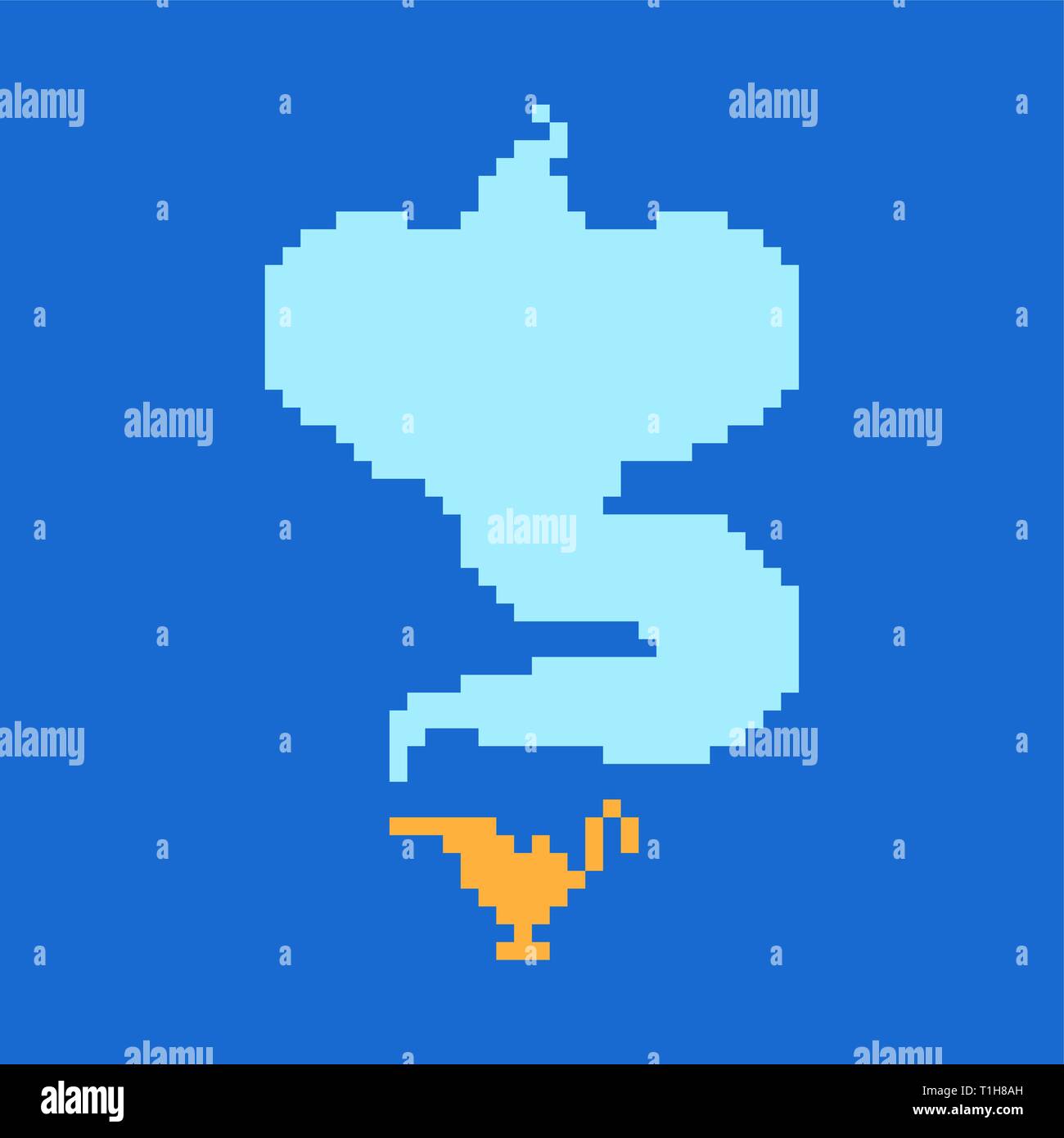Genie pixel art. Magic gold lamp 8 bit. Eastern tale 8bit Stock Vector