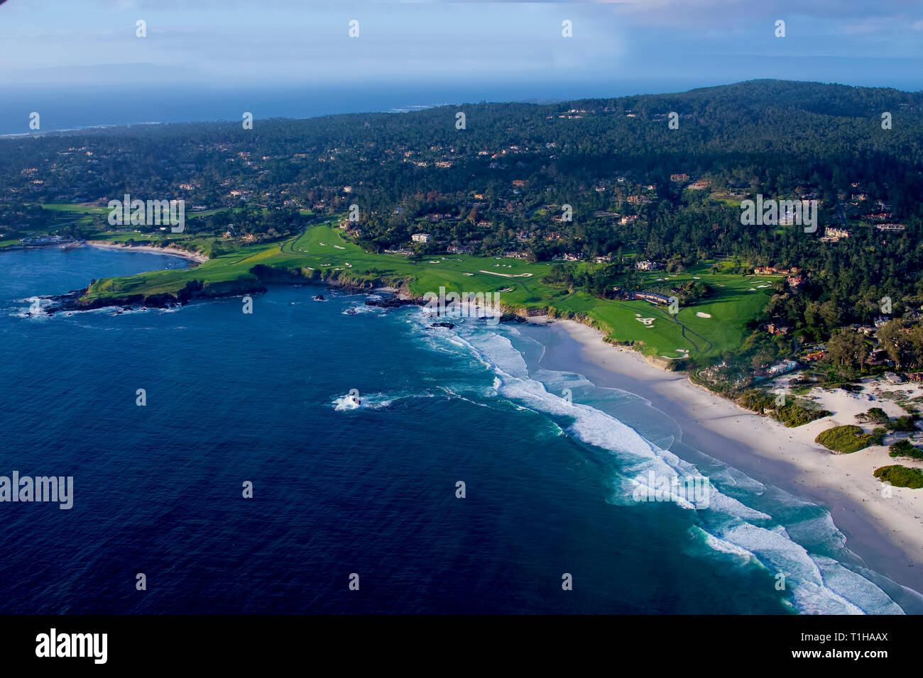 21st March, 2019  Pebble Beach, California, USA Aerial view over the iconic Pebble Beach Golf lLinks - venue for the 2019 US Open golf Championship as Stock Photo