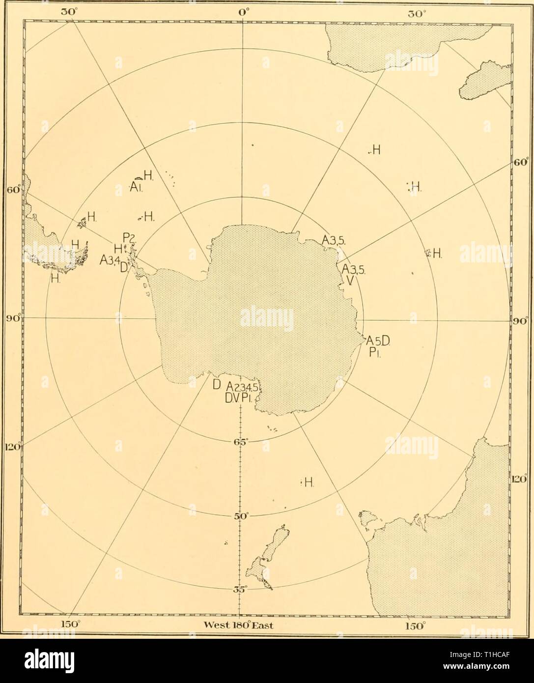 Discovery reports (1940) Discovery reports  discoveryreports18inst Year: 1940  ANTARCTIC ZONE 97 Trematomiis and Pleiirogramma are restricted to this district, and of the 7 species of Notothenia, 5 are peculiar, only A'', coriiceps and A. rossii ranging to the Kerguelen- Macquarie District. A. angustifrons is confined to South Georgia and the South Sand- wich Islands. Dissostichus is represented by D. mawsoni in this district, and there is one other species {D. eleginoides) in the Patagonian Region of the Subantarctic Zone.    Fig. 60. Known distribution of Harpagiferidae. A i, Artedidraco min Stock Photo