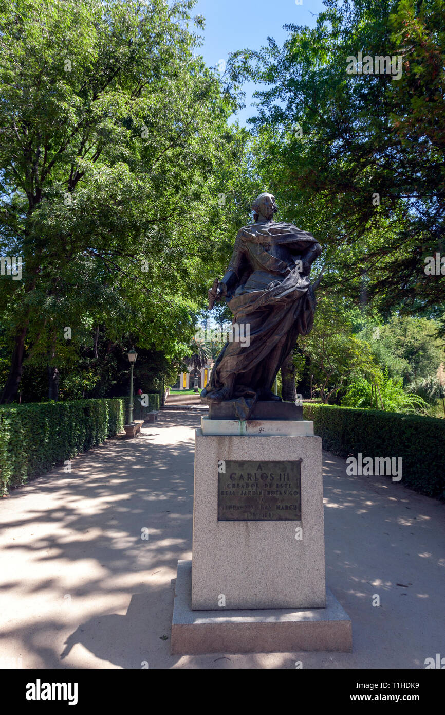 Carlos III statue in the garden of Real Jardín Botánico, Royal Botanical Garden of Madrid, Madrid, Spain Stock Photo