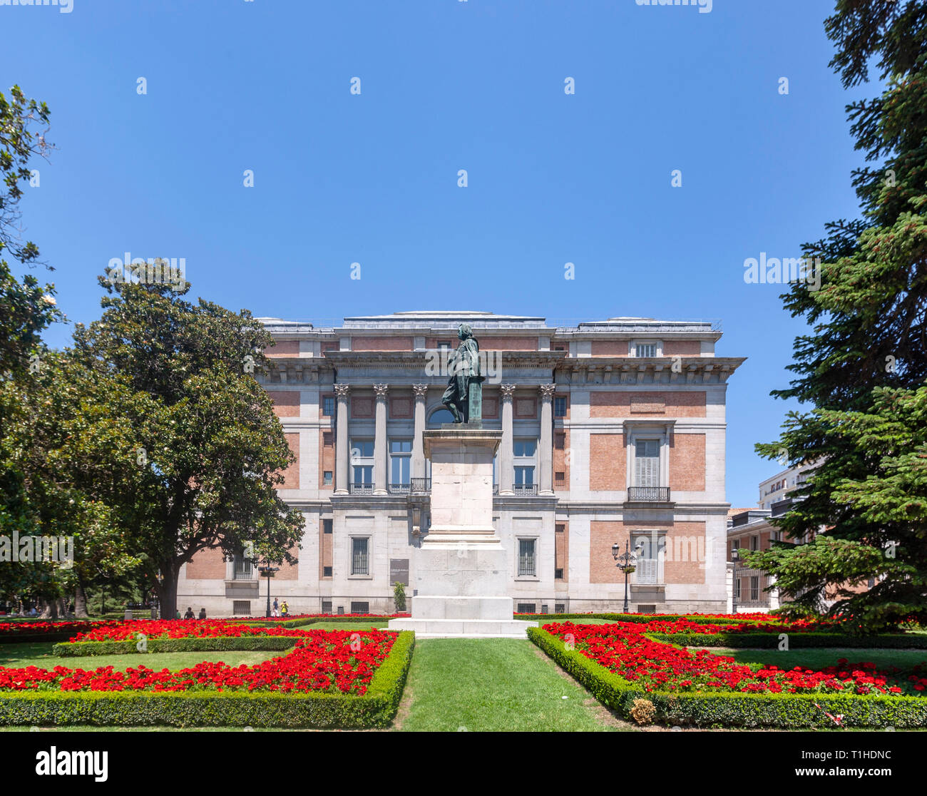 Plaza Murillo and Prado Museum from the entrance of Real Jardín Botánico, Royal Botanical Garden of Madrid, Madrid, Spain Stock Photo