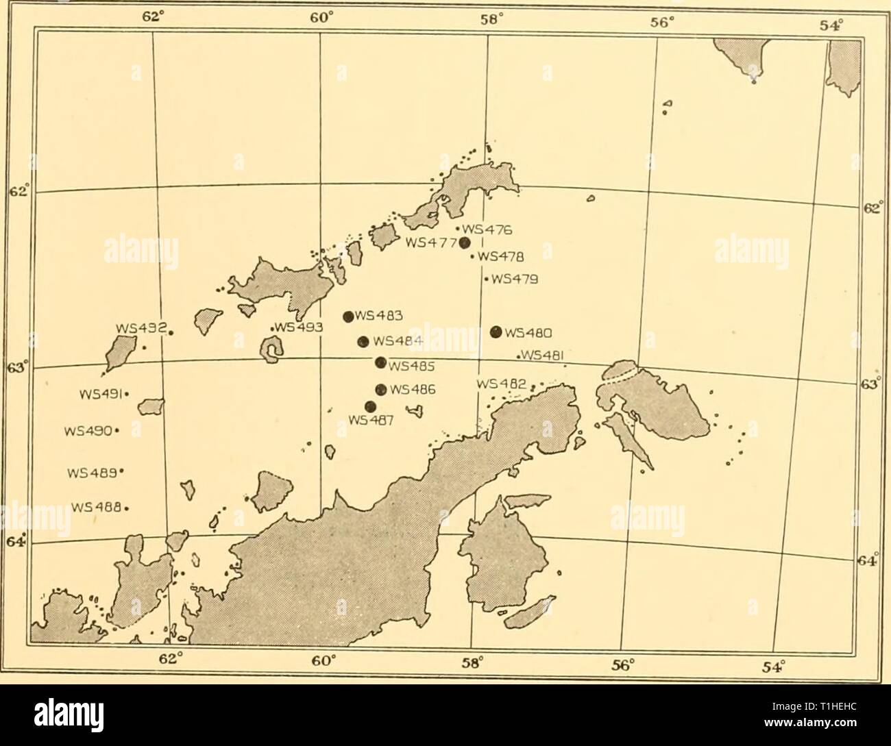 Discovery reports (1937) Discovery reports  discoveryreports14inst Year: 1937  DISTRIBUTION OF YOUNG STAGES OF EUPHAUSIA SUPERB A 133    F'g- 52. Distribution of young Euphausia superba, Bransfield Strait survey (70-cm. net hauls), November 1929. Stock Photo