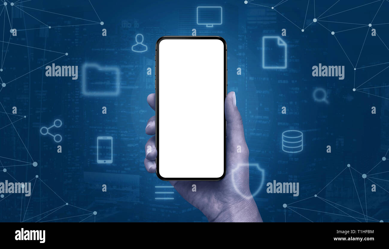 Phone mockup surrounded with internet, tehnology, cloud, network icons and digital network concept. Stock Photo