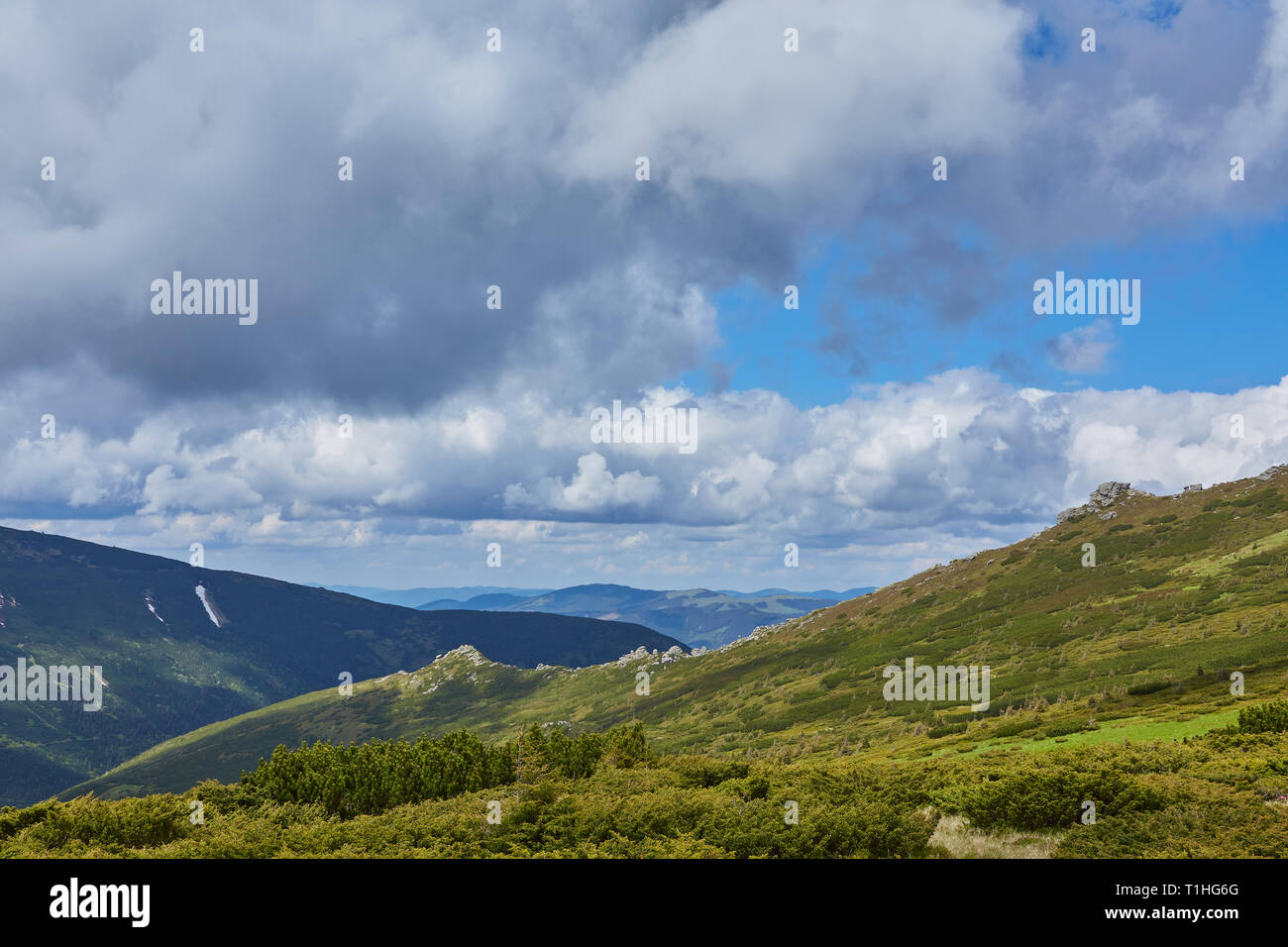 Summer landscape in mountains and the dark blue sky with clouds Stock ...