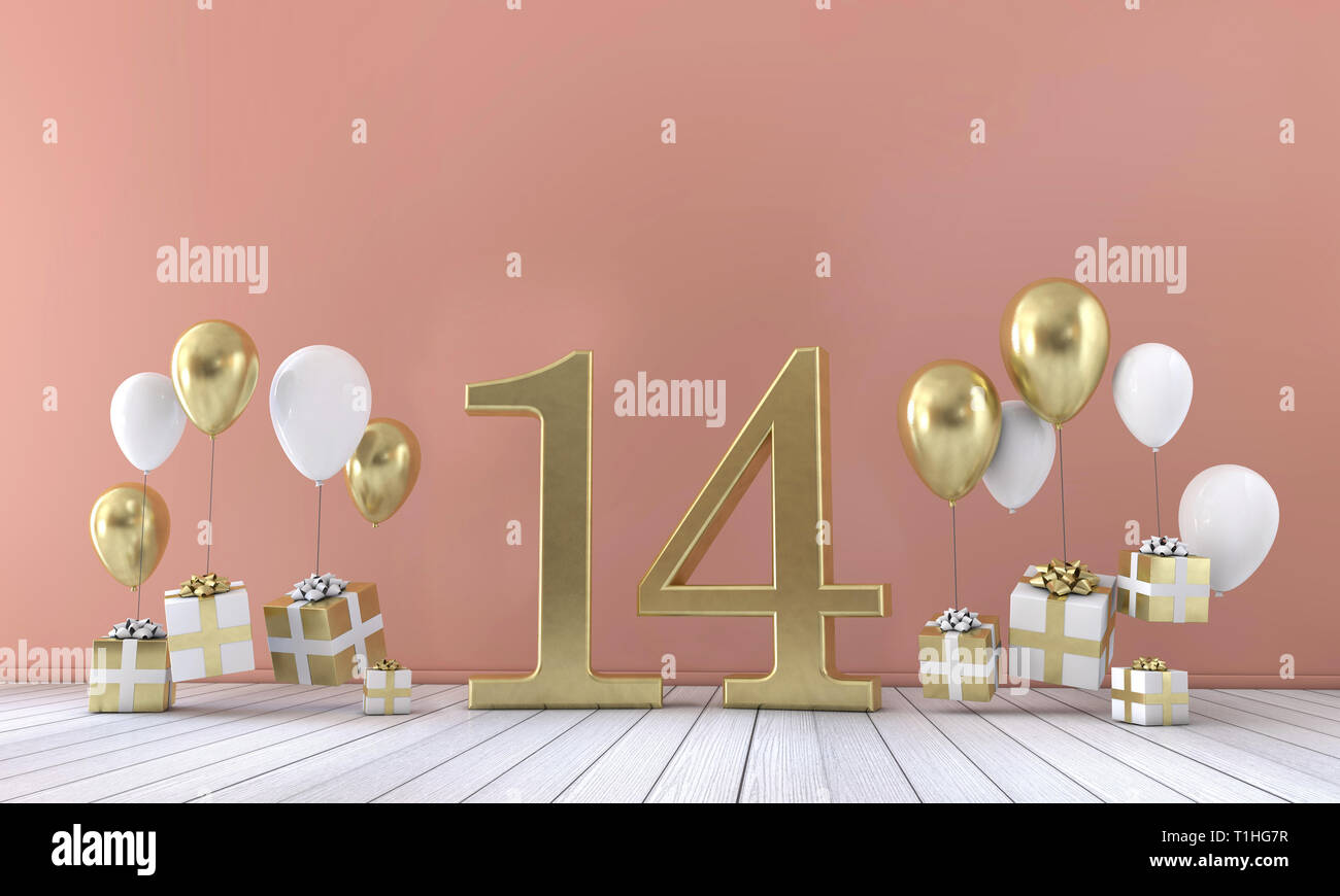 Number 14 birthday party composition with balloons and gift boxes. 3D Rendering Stock Photo