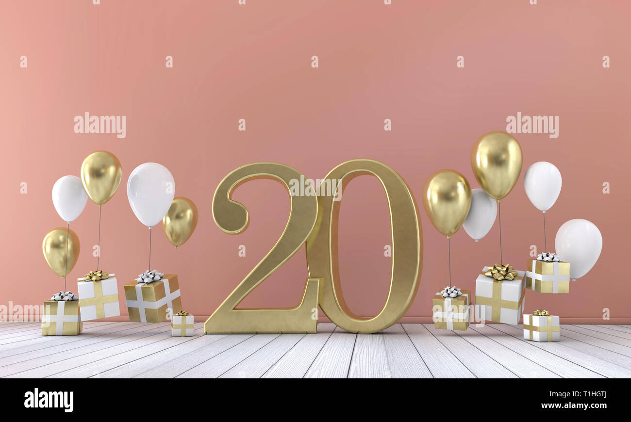Number 20 birthday party composition with balloons and gift boxes. 3D Rendering Stock Photo