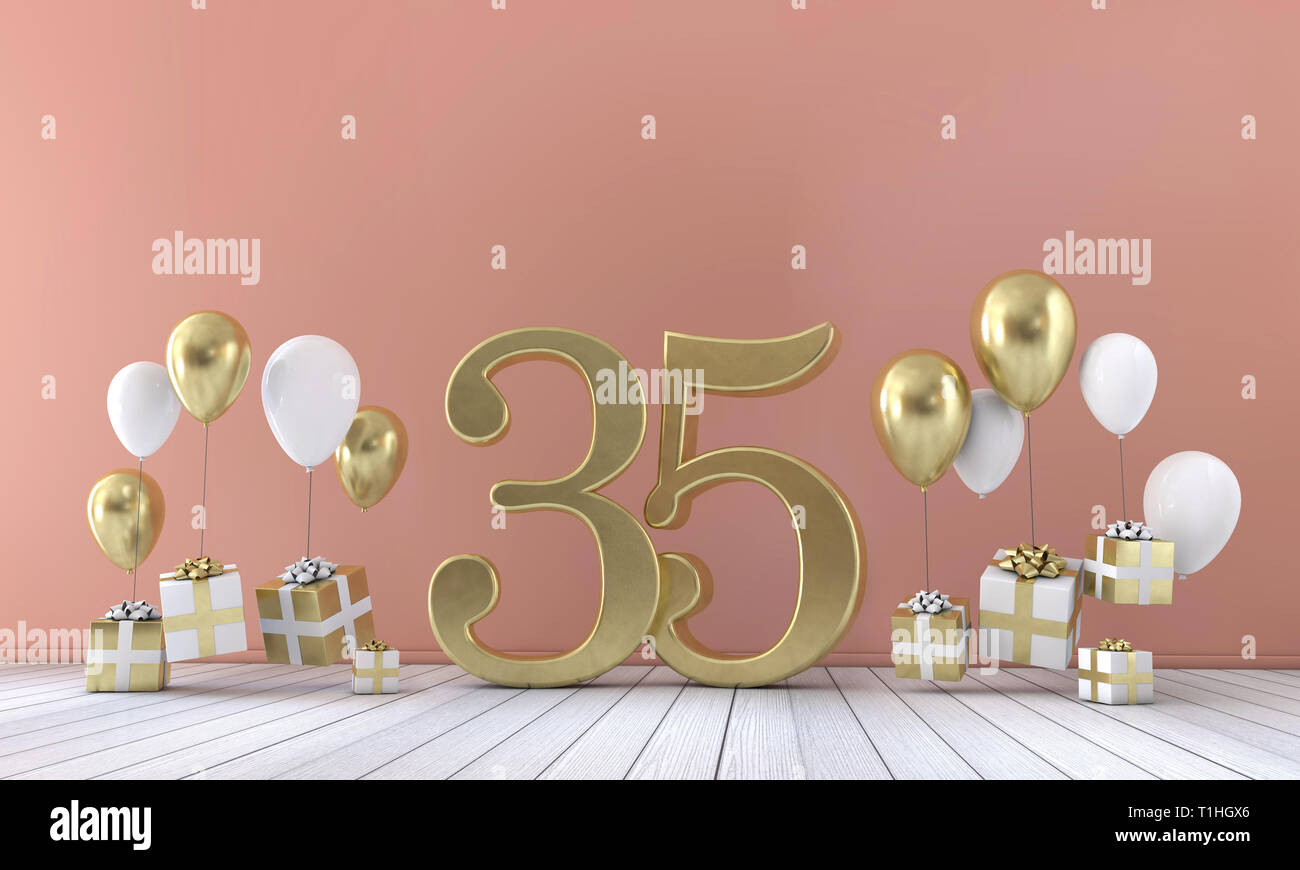 Number 35 birthday party composition with balloons and gift boxes. 3D ...