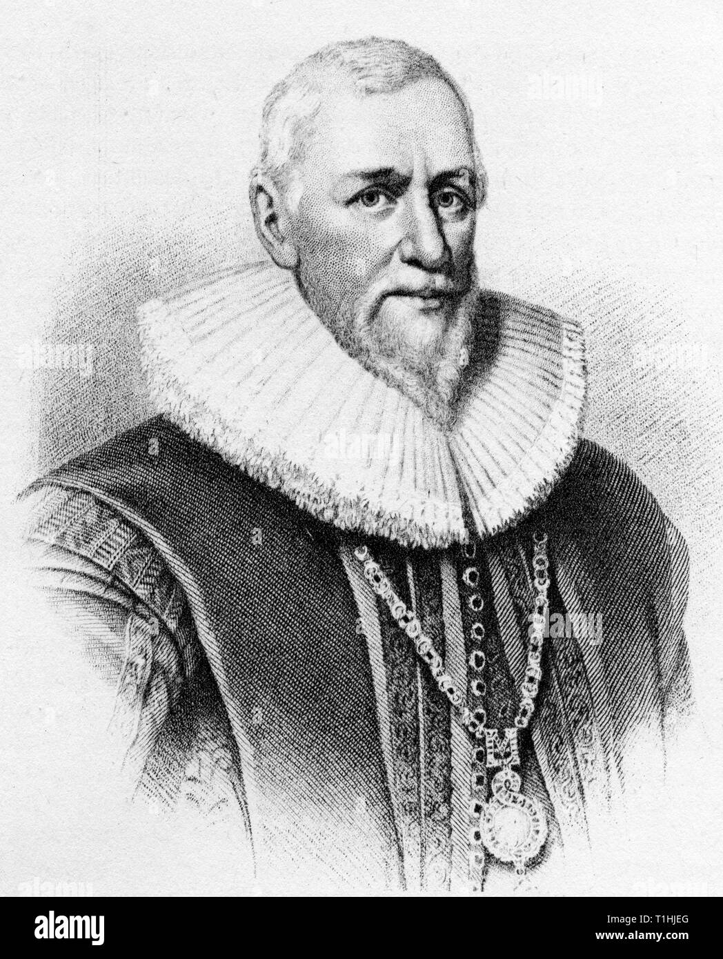 Sir Hugh Myddleton, 1st Baronet (1560-1631). Engraving taken from 'Live of Engineers' by Samuel Smiles (1812-1904). Sir Hugh Myddleton is best remembered for having been the driving force behind the construction of the New River. Stock Photo