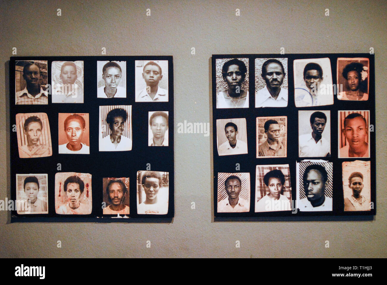 RWANDA Kigali, Genocide memorial, during the genocide in april 1994 nearly one Million Tutsi were killed by Hutu murder, historical images of murdered Tutsi / RUANDA Kigali , Genozid Gedaenkstaette, Ausstellung und Mahnmal fuer die Opfer des Genozid  , waehrend des Voelkermord wurden ca. eine Million Tutsi im April 1994 von Hutu Milizen ermordet , historische Fotos von ermordeten Tutsi Stock Photo