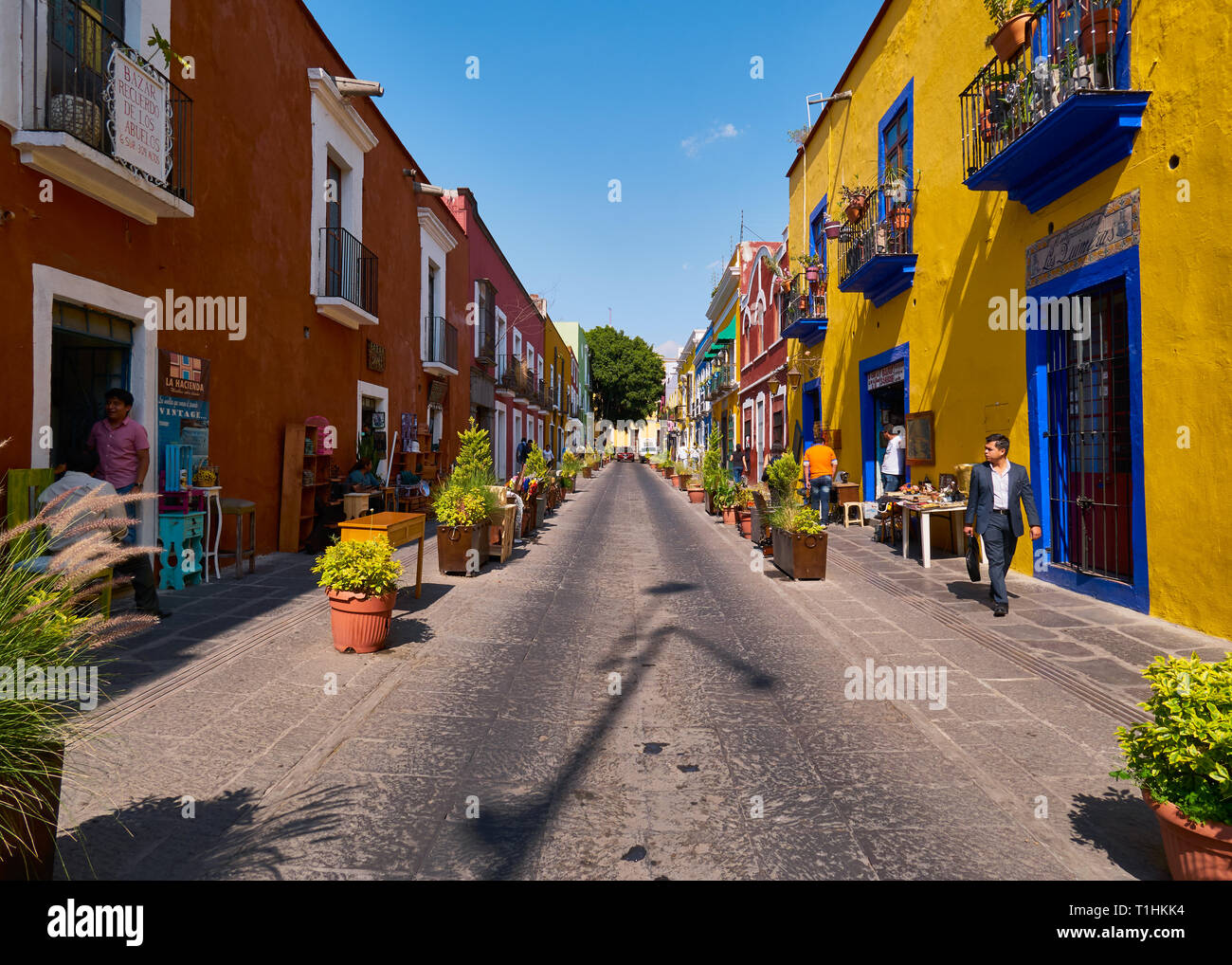 Historical colorful street Alley of the Frogs in city of Puebla, Callejon de los Sapos, Calle 6 Sur, Puebla de Zaragoza, Mexico Stock Photo