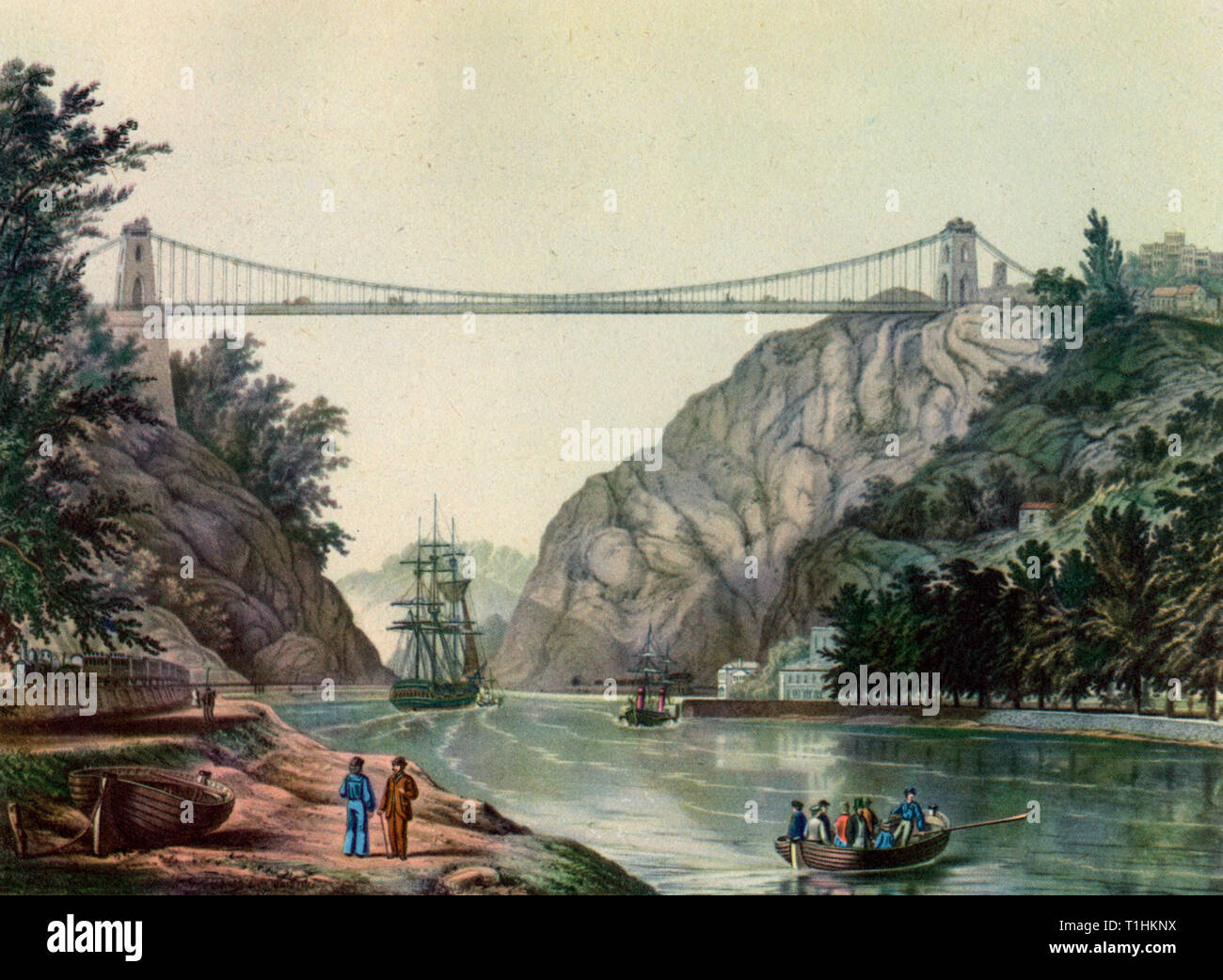 Clifton Suspension Bridge over the River Avon, c1864. By R. S. Groom. The Clifton Suspension Bridge opened in 1864 and was designed by Isambard Kingdom Brunel. The ground breaking structure spans the Avon Gorge and the River Avon and links Clifton in Bristol to Leigh Woods in North Somerset. Stock Photo