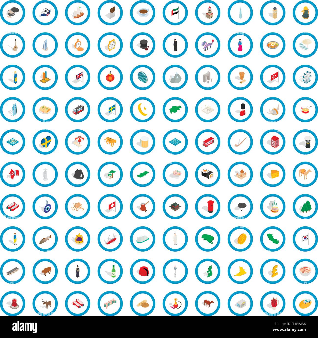 100 nation icons set, isometric 3d style Stock Vector