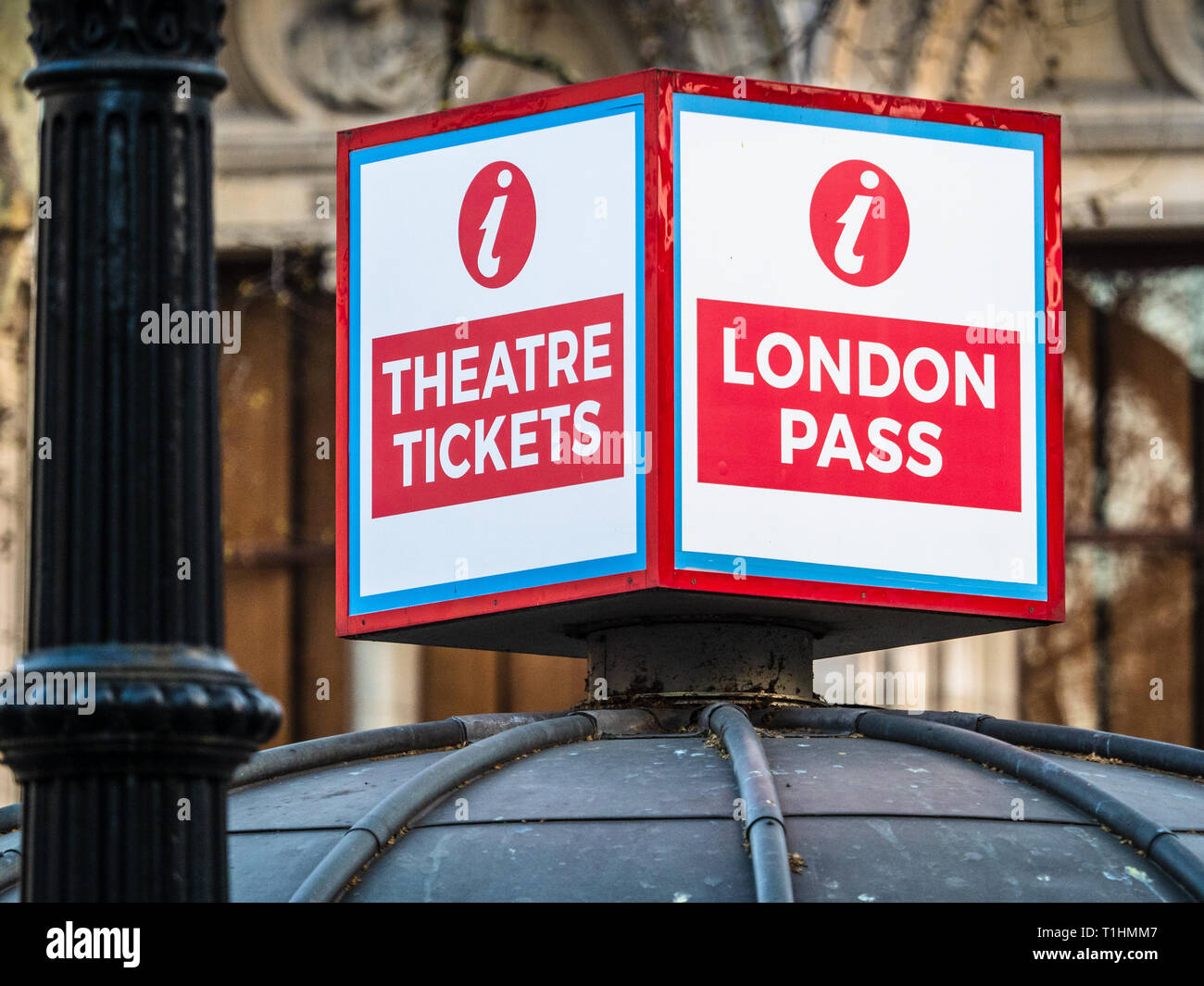 London Theatre tickets - Sign on top of a ticket booth in London's West End Theatre District Stock Photo